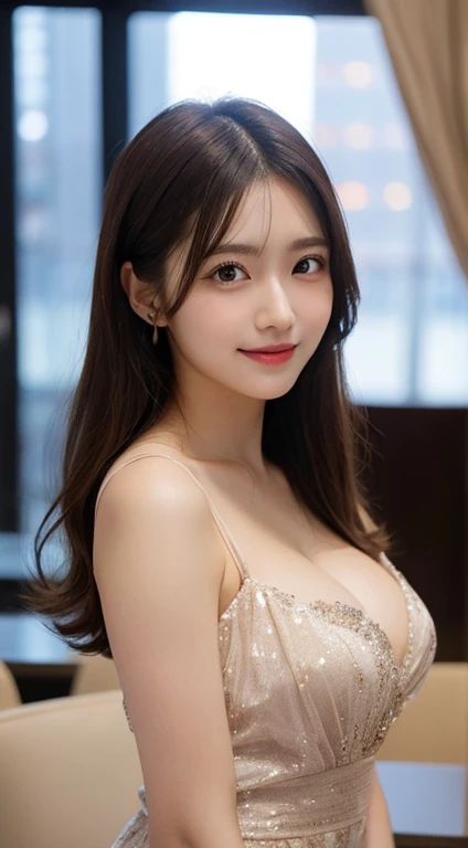 Tabletop, highest quality, shape, Very detailed, finely, High resolution, 8k wallpaper, 完璧なダイナミックな構shape, Beautiful and detailed, Elegant and gorgeous winter dress,Straight hair,,Natural color lip,smile,20-year-old girl、cute、Looking at the camera is sexy,Always blur the background,Perfect and beautiful face,Take a picture of your face only,Beautiful and elaborate face、Slim face and figure、Big eyes、Elegant face、Beautiful and elaborate face、KPOP idol faces、Japanese idol faces、Big eyes、 A venue on the top floor of a high-rise hotel、Blur the background、Take a full body photo、Larger breasts、I can see her cleavage