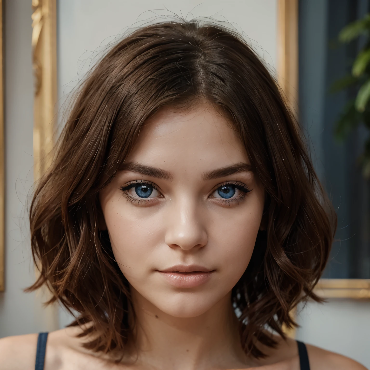 femme aux cheveux longs et soyeux, probably with a trendy 70s haircut like wavy or slightly curly hair. Ses yeux bleus brillent avec une certaine intensité, framed by long, thick eyelashes.