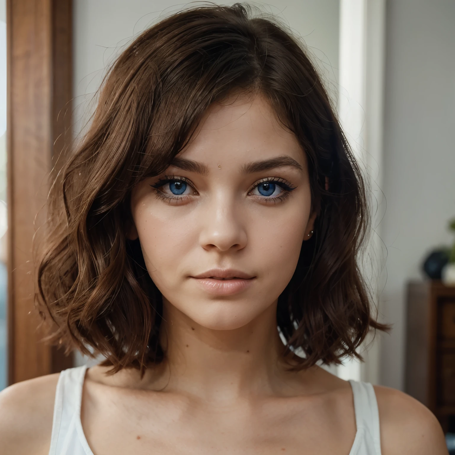 femme aux cheveux longs et soyeux, probably with a trendy 70s haircut like wavy or slightly curly hair. Ses yeux bleus brillent avec une certaine intensité, framed by long, thick eyelashes.