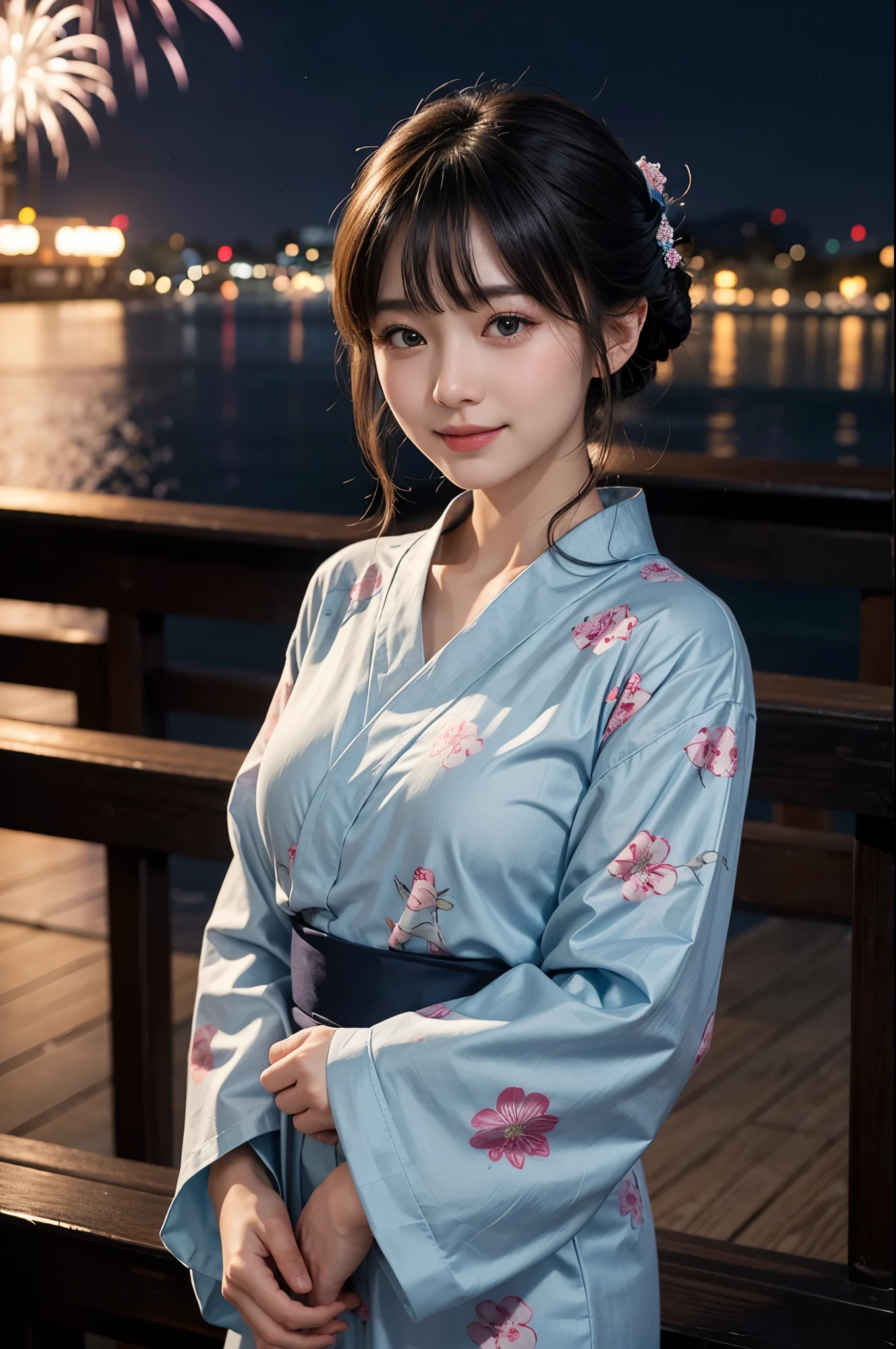 night、A glamorous atmosphere、firework、A matte light blue floral yukata、Cotton kimono、（night景、night、smile）、night空、bangs、No makeup、（masterpiece、8K,RAW Photos、High resolution:1.4）、The girl&#39;s calm expression is enhanced by her soft look.。 Using the Canon EOS R6 Mark II with the Sigma 50mm f/1.4 DG HSM Art Lens、シーンのあらゆるニュアンスがHigh resolutionでキャプチャされます。