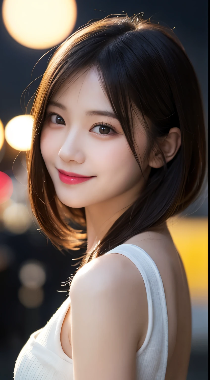 Tabletop, highest quality, shape, Very detailed, finely, High resolution, 8k wallpaper, 完璧なダイナミックな構shape, Beautiful and detailed,ランダムなcute髪,,Natural color lip, Bold sexy pose,smile、20-year-old girl、cute、Looking at the camera,Always blur the background,Perfect and beautiful face,Slim face and figure,Big eyes、Putting on gal makeup,Small face,smile,Blurred Background,Elegant feminine face、Cyberpunk Fashion、smile、Night Sky、Big Moon