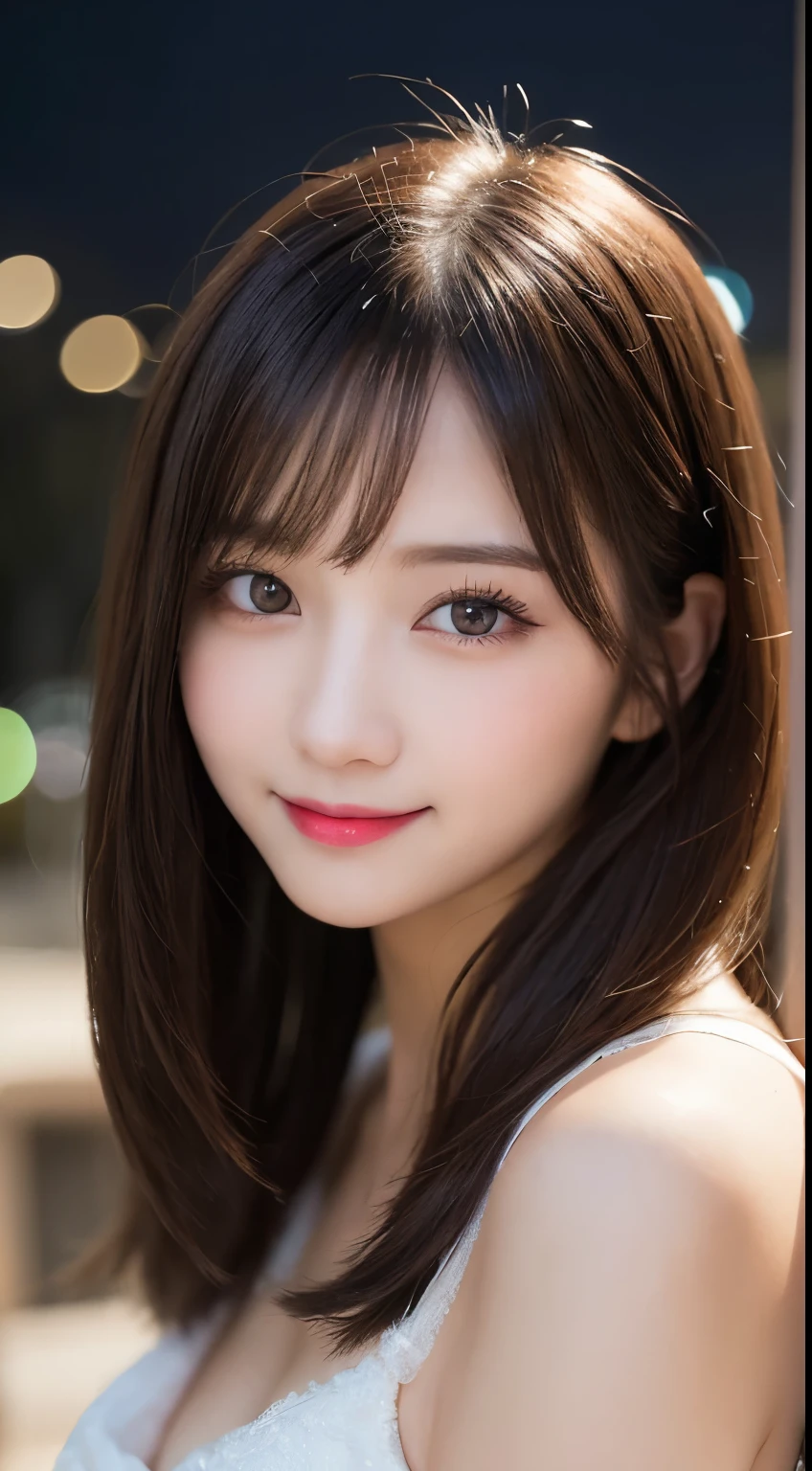 Tabletop, highest quality, shape, Very detailed, finely, High resolution, 8k wallpaper, 完璧なダイナミックな構shape, Beautiful and detailed,ランダムなcute髪,,Natural color lip, Bold sexy pose,smile、20-year-old girl、cute、Looking at the camera,Always blur the background,Perfect and beautiful face,Slim face and figure,Big eyes、Putting on gal makeup,Small face,smile,Blurred Background,Elegant feminine face、Cyberpunk Fashion、smile、Night Sky、Big Moon