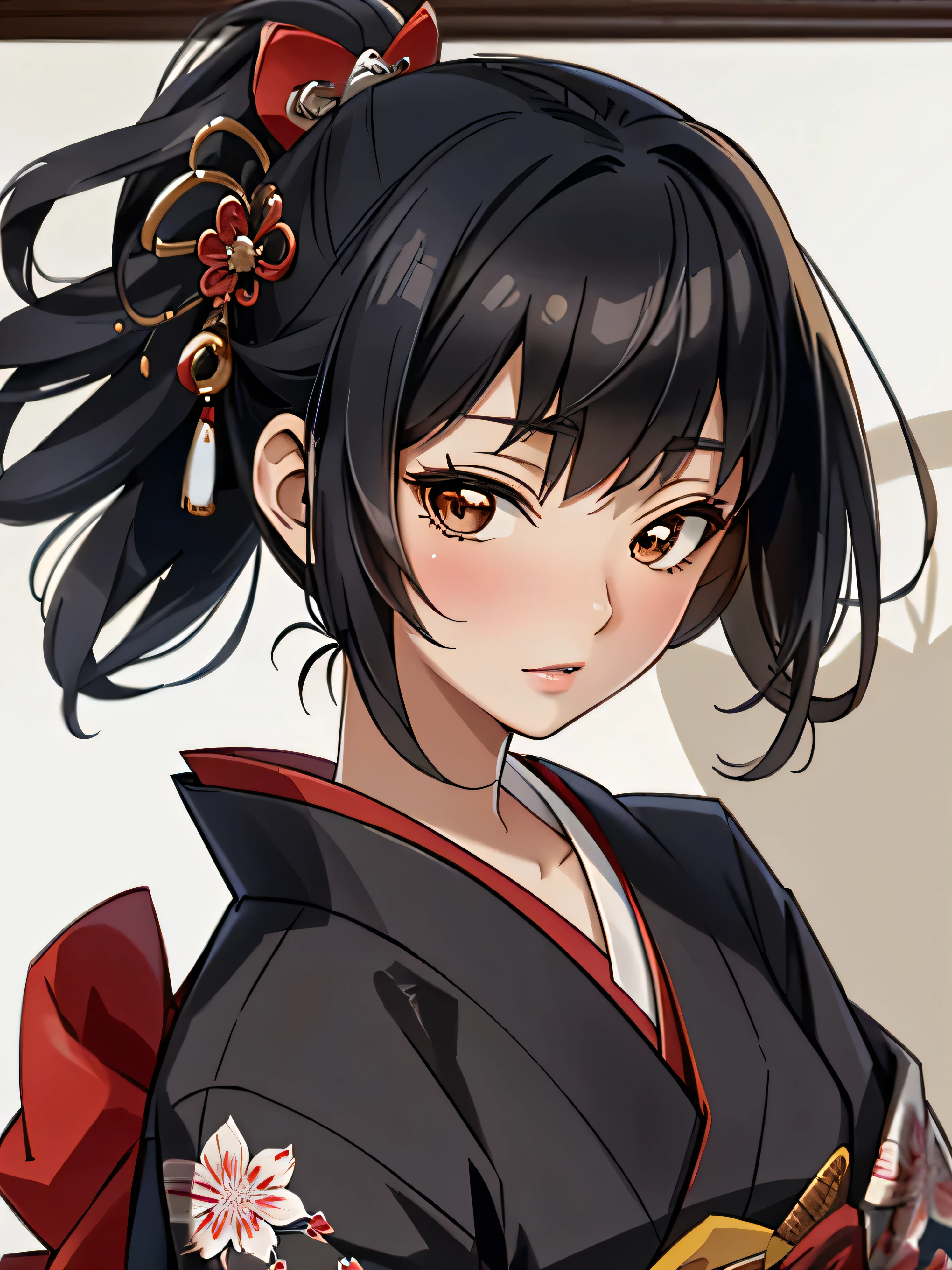 ((1 woman)), Fuji frame , nihongami, hime, Toda-Mariko, Bust Shot , One head, one person, upper body close-up, Ukiyo-e, geisha, Japan, Japanese, kimono, Beautiful woman , Bunkin Takashimada , Edo period, princess, Japanese hairstyle, Nihon-Gami, Nippon-Kami, home, ultra-realistic, photo-like, beautiful Japanese princess Geisha's Reflection on Katana: Sushi Scream, Edo period, princess, Japanese hairstyle, ultra-realistic, photo-like, beautiful Japanese princess