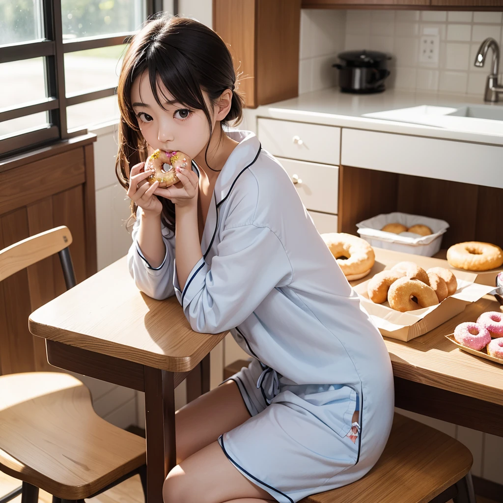 An anime girl eating sushi in her cutest bed in her night suit and watching stranger things on TV 