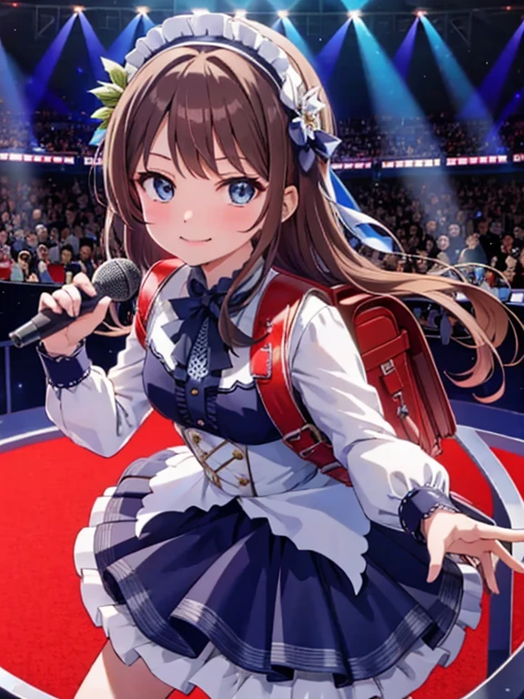 masterpiece, highest quality, High resolution, Very detailed, Detailed Background, Cinema Lighting, One girl, View your viewers, sing, singer, smile, Mouth open, Holding a microphone, Music Concerts, stage, Wear a dress, Idol Dress, wearing randoseru Backpack, (Backpack:1.1), Are standing, whole body, Brown Hair, blue eyes