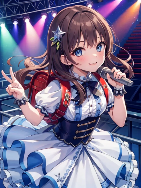 masterpiece, highest quality, High resolution, Very detailed, Detailed Background, Cinema Lighting, One girl, View your viewers, sing, singer, smile, Mouth open, Holding a microphone, Music Concerts, stage, Wear a dress, Idol Dress, wearing randoseru Backpack, (Backpack:1.1), Are standing, whole body, Brown Hair, blue eyes