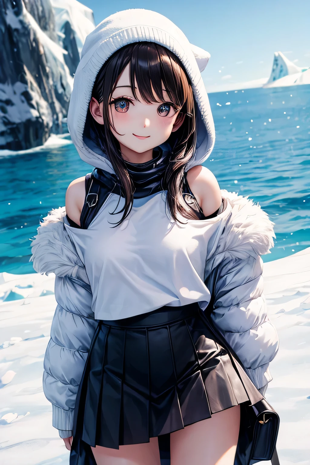 Hollow eyes、One Length、The background is Antarctica、Extreme cold、Off the shoulder、mini skirt、smile