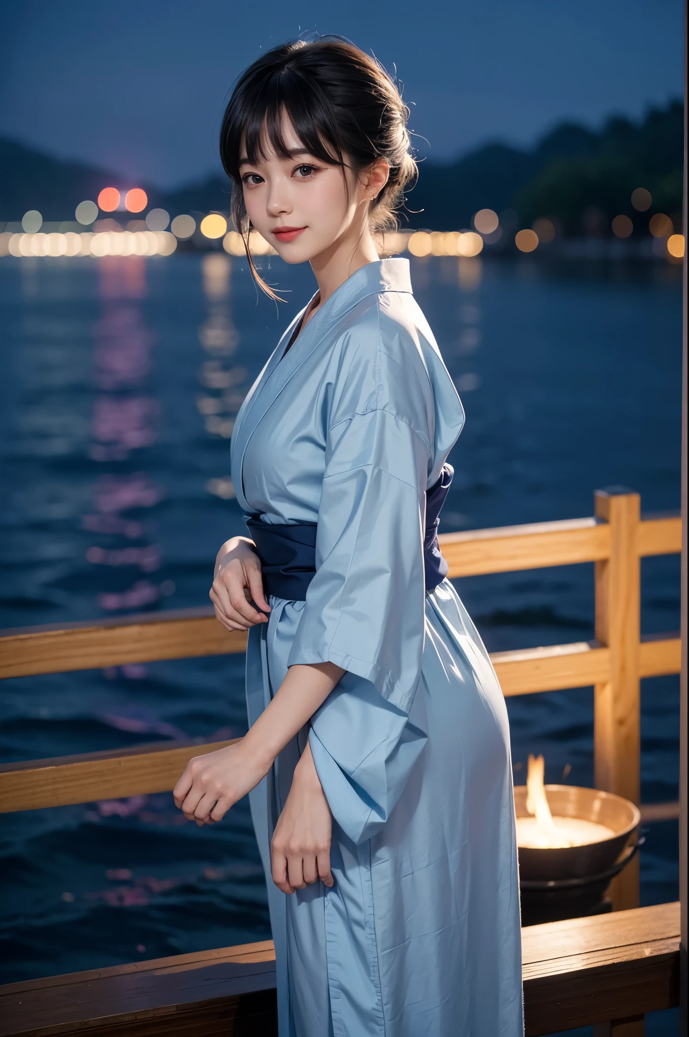 night、A glamorous atmosphere、firework、A dull light blue yukata、Cotton kimono、Stylish （night景、night、smile）、night空、bangs、No makeup、（masterpiece、8K,RAW Photos、High resolution:1.4）、The girl&#39;s calm expression is enhanced by her soft look.。 Using the Canon EOS R6 Mark II with the Sigma 50mm f/1.4 DG HSM Art Lens、シーンのあらゆるニュアンスがHigh resolutionでキャプチャされます。