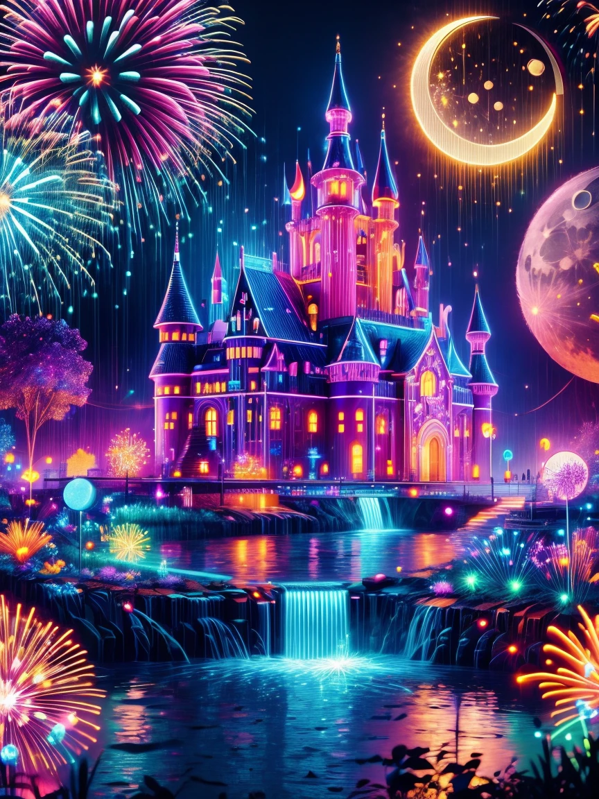 (Neon)，Circuit Board，(moon:1.5)，(Bubbles)，(fireworks:1.5)，Dreams，(Psychedelic)，(Neon light)，(A peaceful and magical dream castle)，In this vibrant，Charming surroundings，center，A dreamy and majestic castle，Central Lake，Surrounded by a variety of aquatic plants，Many different types and colors of flowers adorn the beautiful landscape，Multiple waterfalls burst from nearby cliffs，Their waters sparkle in the dawn light，When they poured into the lake，The sun is just beginning to peek over the horizon，The first rays of sunlight of the day cast beautiful, warm tones over the castle and surrounding nature.，(Ultra HD, masterpiece, precise, Anatomically correct, textured skin, High Detail, high quality, The award-winning, 8k)