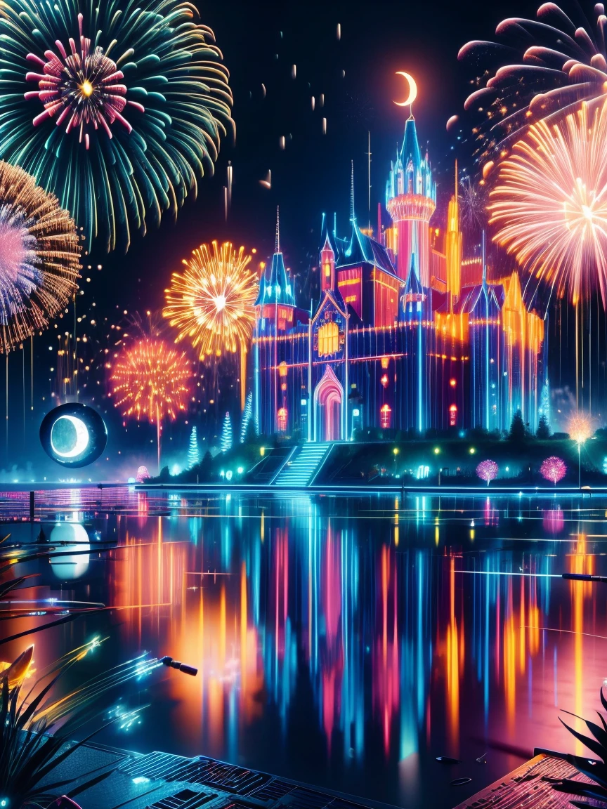 (Neon),Circuit Board,(moon:1.5),(Bubbles),(fireworks:1.5),Dreams,(Psychedelic),(Neon light),(A peaceful and magical dream castle),In this vibrant,Charming surroundings,center,A dreamy and majestic castle,Central Lake,Surrounded by a variety of aquatic plants,Many different types and colors of flowers adorn the beautiful landscape,Multiple waterfalls burst from nearby cliffs,Their waters sparkle in the dawn light,When they poured into the lake,The sun is just beginning to peek over the horizon,The first rays of sunlight of the day cast beautiful, warm tones over the castle and surrounding nature.,(Ultra HD, masterpiece, precise, Anatomically correct, textured skin, High Detail, high quality, The award-winning, 8k)