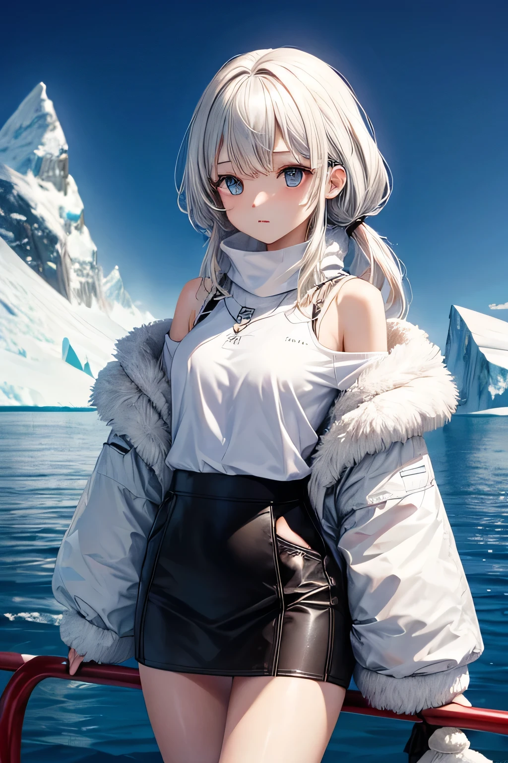 Hollow eyes、One Length、The background is Antarctica、Extreme cold、Off the shoulder、mini skirt