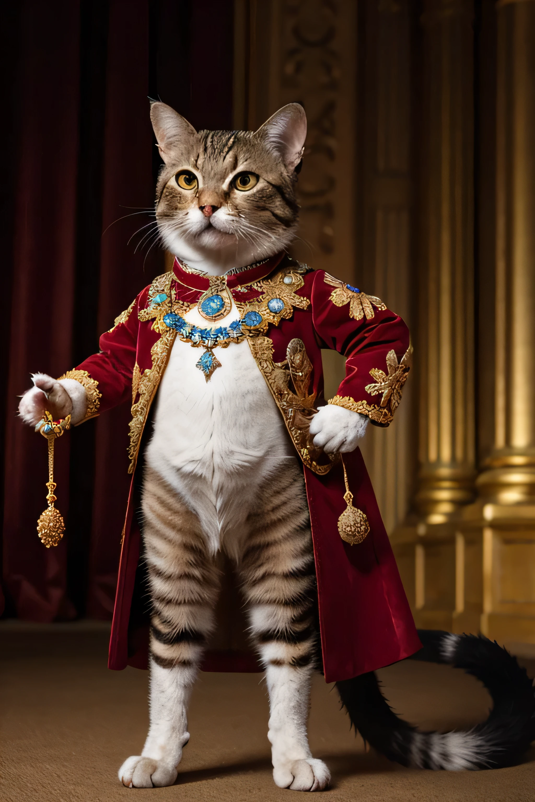 The king's cat with lot of jewels is standing