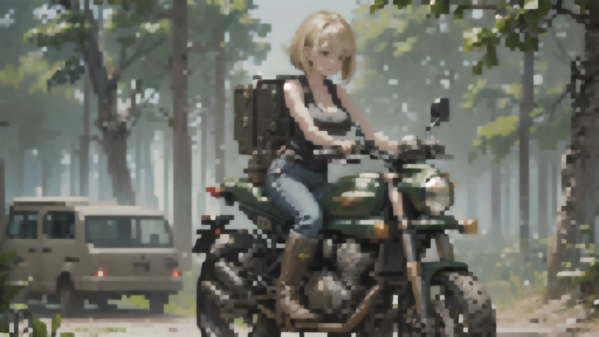 ((((masterpiece)))), expensive quality, very_expensive_solve, big_file size, Full Color, Steampunk depicting a planet of the future,, In the distant forest, A bustling foreign market, Off-road bikes. The main character is a girl with a beautiful upper body, blonde, short bob, silver, smiling, Mechanized weapons. Wearing a white tank top, Distressed denim shorts, Engineer boot, Off-road bikesに乗る.  beauty,