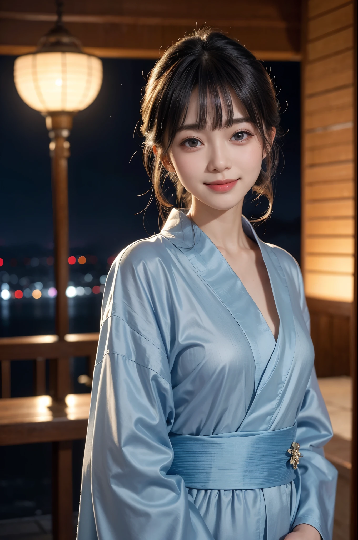 night、A glamorous atmosphere、firework、A dull light blue yukata、Cotton kimono、Stylish (night景、night、smile)、night空、bangs、No makeup、(masterpiece、8K,RAW Photos、High resolution:1.4)、The girl's calm expression is enhanced by her soft look.。 Using the Canon EOS R6 Mark II with the Sigma 50mm f/1.4 DG HSM Art Lens、シーンのあらゆるニュアンスがHigh resolutionでキャプチャされます。