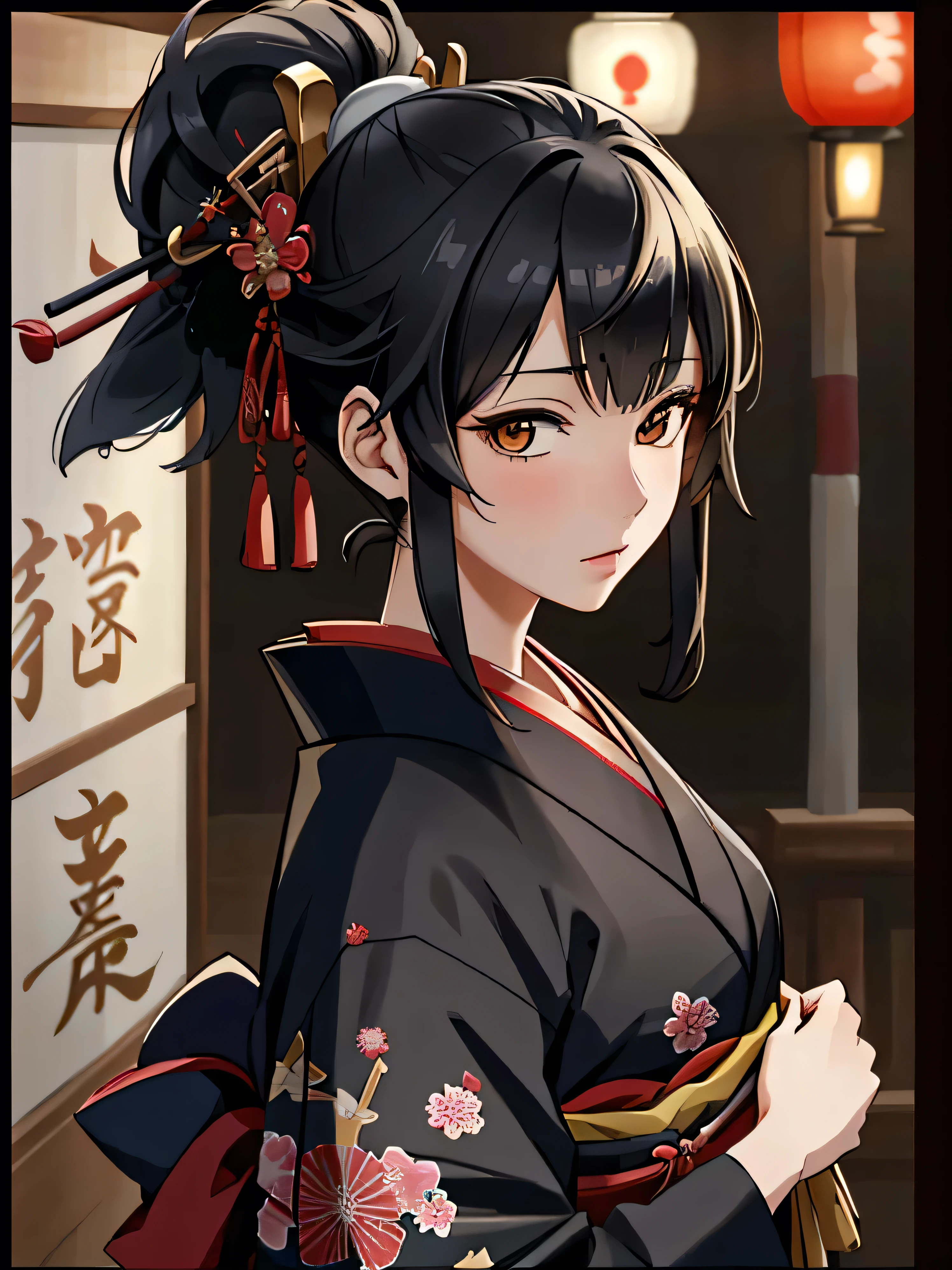 ((1 woman)), Fuji frame , nihongami, hime, Toda-Mariko, Bust Shot , One head, one person, upper body close-up, Ukiyo-e, geisha, Japan, Japanese, kimono, Beautiful woman , Bunkin Takashimada , Edo period, princess, Japanese hairstyle, Nihon-Gami, Nippon-Kami, home, ultra-realistic, photo-like, beautiful Japanese princess Geisha's Reflection on Katana: Sushi Scream, Edo period, princess, Japanese hairstyle, ultra-realistic, photo-like, beautiful Japanese princess