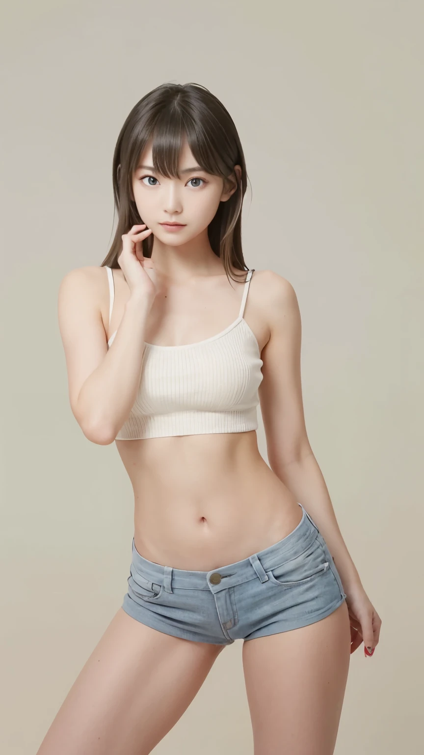 masterpiece,highest quality,1 Girl,delicined face, 前hair, just_arm, just_shoulder, green_eye,((An adult woman with a great figure:1.48))、(Huge valley:1.48)、(18-year-old:1.48)、clavicle, cowboy_shot, crop_superior, High leg, High leg_panties, length_hair, looking for_in_peeping in the viewer, belly button, panties, Realistic, short_Shorts, Shorts,  一人in, Are standing, underwear,