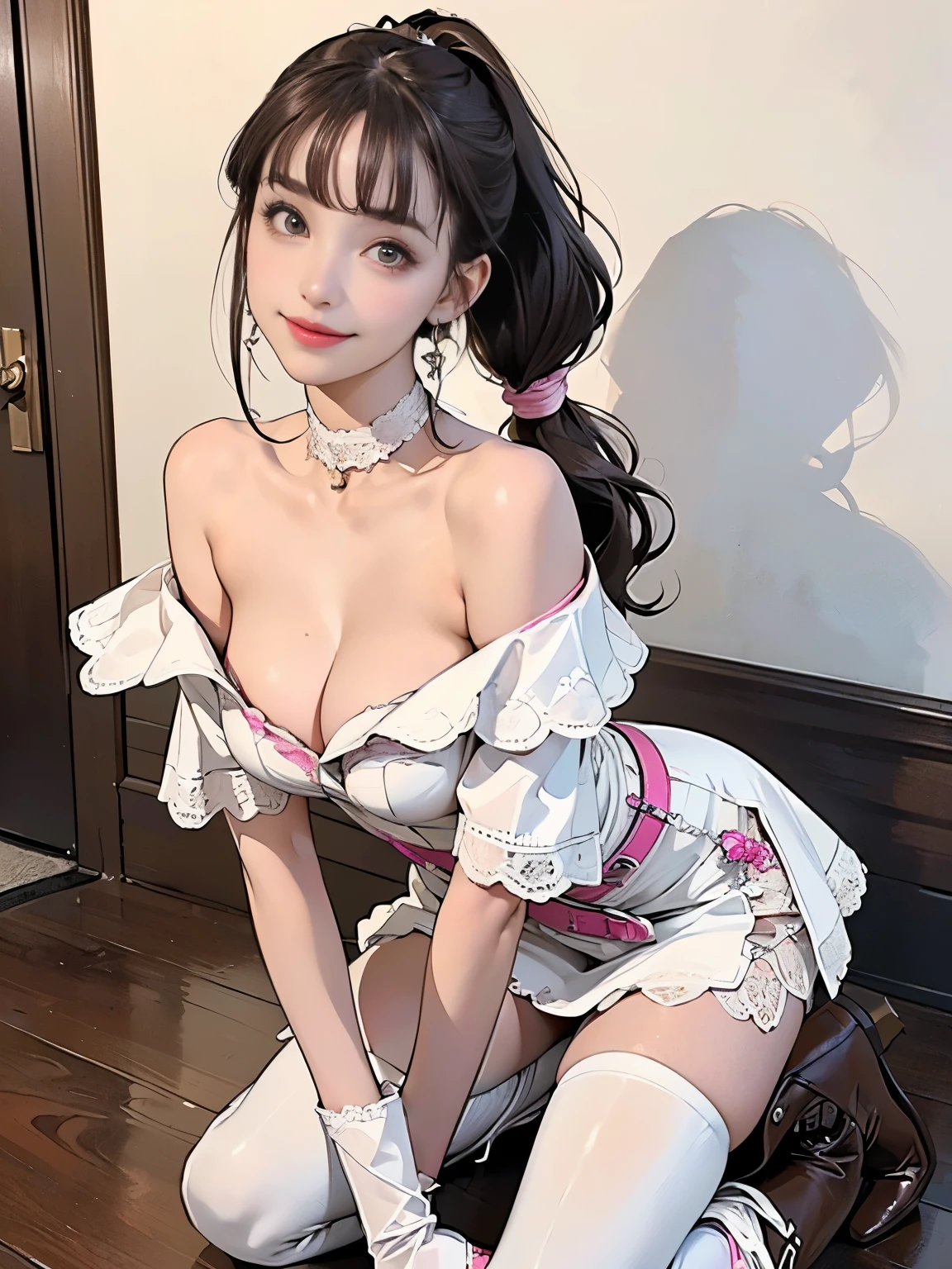 ((((highest quality))))、(((Ultra-precision CG16K wallpaper)))、(((masterpiece)))、(((Super detailed)))、(((Extreme detail)))、((１Mature 29 year old woman:1.6))、((Very beautiful Japanese faces))、((Yua Mikami:1.5))、((Soft wavy long ponytail hair、blunt bangs:1.5))、(Shiny brown hair)、Beautiful brown eyes、Clearly defined pupils、eyeliner、eye shadow、High nose、Small nostrils、Small Mouth、Seductive lips、Beautiful breasts、((C cup size breasts))、Cleavage、Voluptuous body、eight-headed body、Perfect proportions、Perfect Anatomy、Perfect composition、Beautiful detailed shading、Beautiful, natural lighting、Beautiful detail glow、Depth of written boundary、(((High chroma)))、(((Real:1.9)))、((vivid:1.5))、((Beautiful Skin))、((Skin Texture))、((Realな皮膚感))、(((Full Body Shot:1.6)))、((Front view、shoot from front、Front low angle:1.6))、(((smile:1.5)))、((The woman is looking at this、looking at viewer、Facing forward:1.6))、Bright daylight、Natural light、(((In front of a fashionable café:1.4)))、(Fashion model pose:1.6)、(((White and pink off-the-shoulder lace mini dress with belt:1.6)))、((Earrings、Wearing a choker:1.3))、(((Wearing white boots:1.6)))、