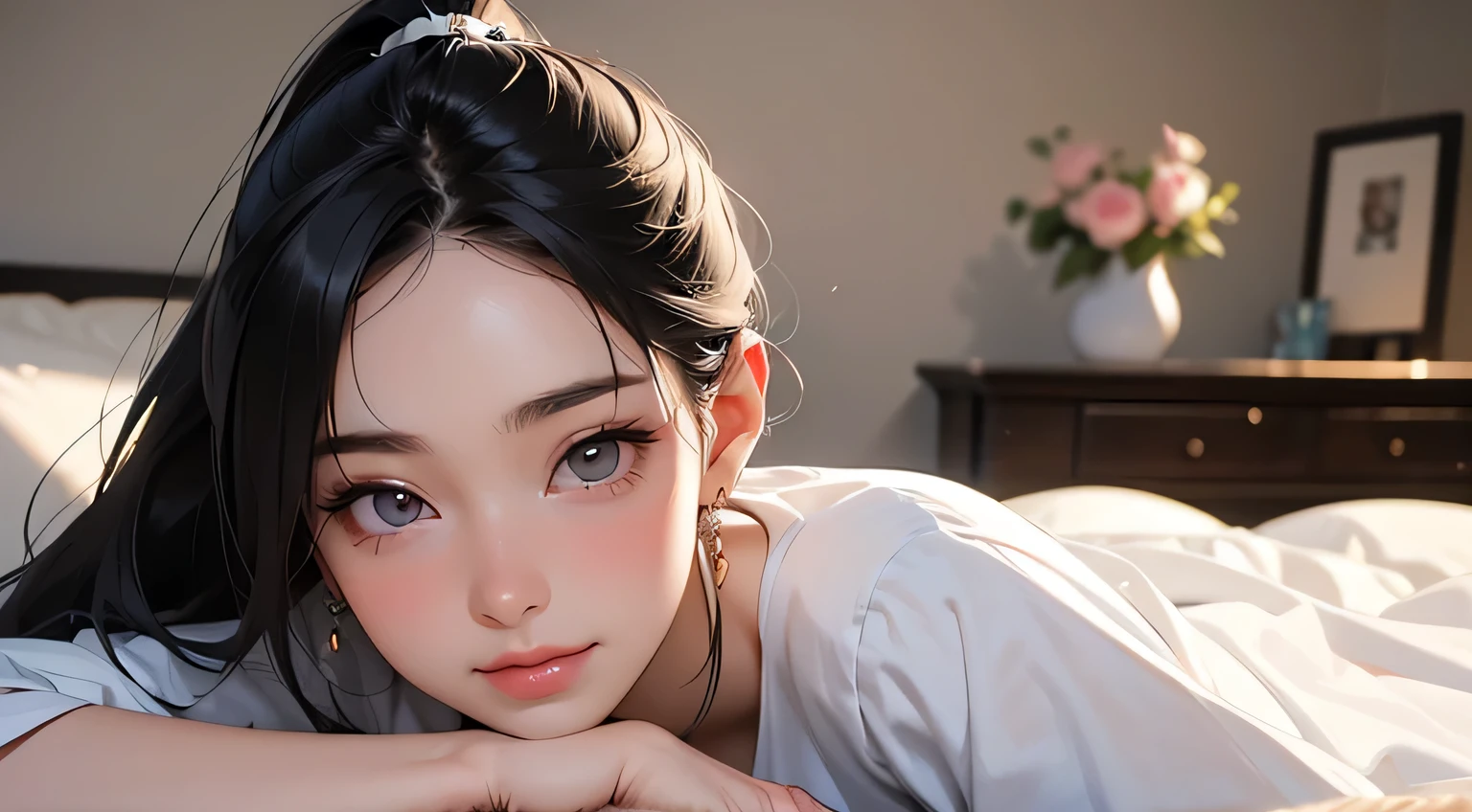 8k, highest quality, super high resolution, solo female, 1980s pop culture anime style, 21 years old, (masterpiece, high resolution, details), chips \(food\), surrounded by bread, Japanese, fashionable T Shirt, Y-shirt, short cut, ponytail, (Real as a photo: 1.4), (Famous Japanese actress: 1.2), Very beautiful, Cute, Professional photo, Very delicate and beautiful, Very detailed, Very detailed beautiful girl, very detailed face, very detailed eyes, very detailed skin, very detailed fingers, very detailed nose, very detailed mouth, perfect anatomy, realistic body, fair skin, shiny skin, slender build body, good figure, looks at the viewer, smile, cute laughing face (black hair, (ponytail, beautiful girl, perfect small face, D cup, slender, studying, studying on bed, showing, critical thinking, think, calm down, discuss, ? mark, smart