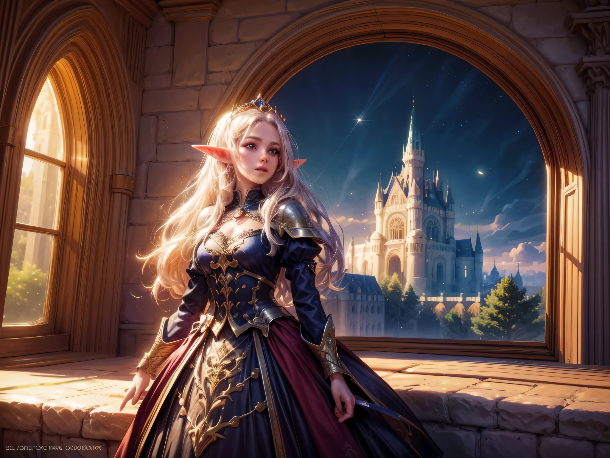 fantasy art, RPG art, a princess looking through her window at a magical castle, a beautiful elven princess looking through her window to see a magical castle, an impressive best detailed castle, with towers, bridges, a moat, standing on top of a mountain, moon, 