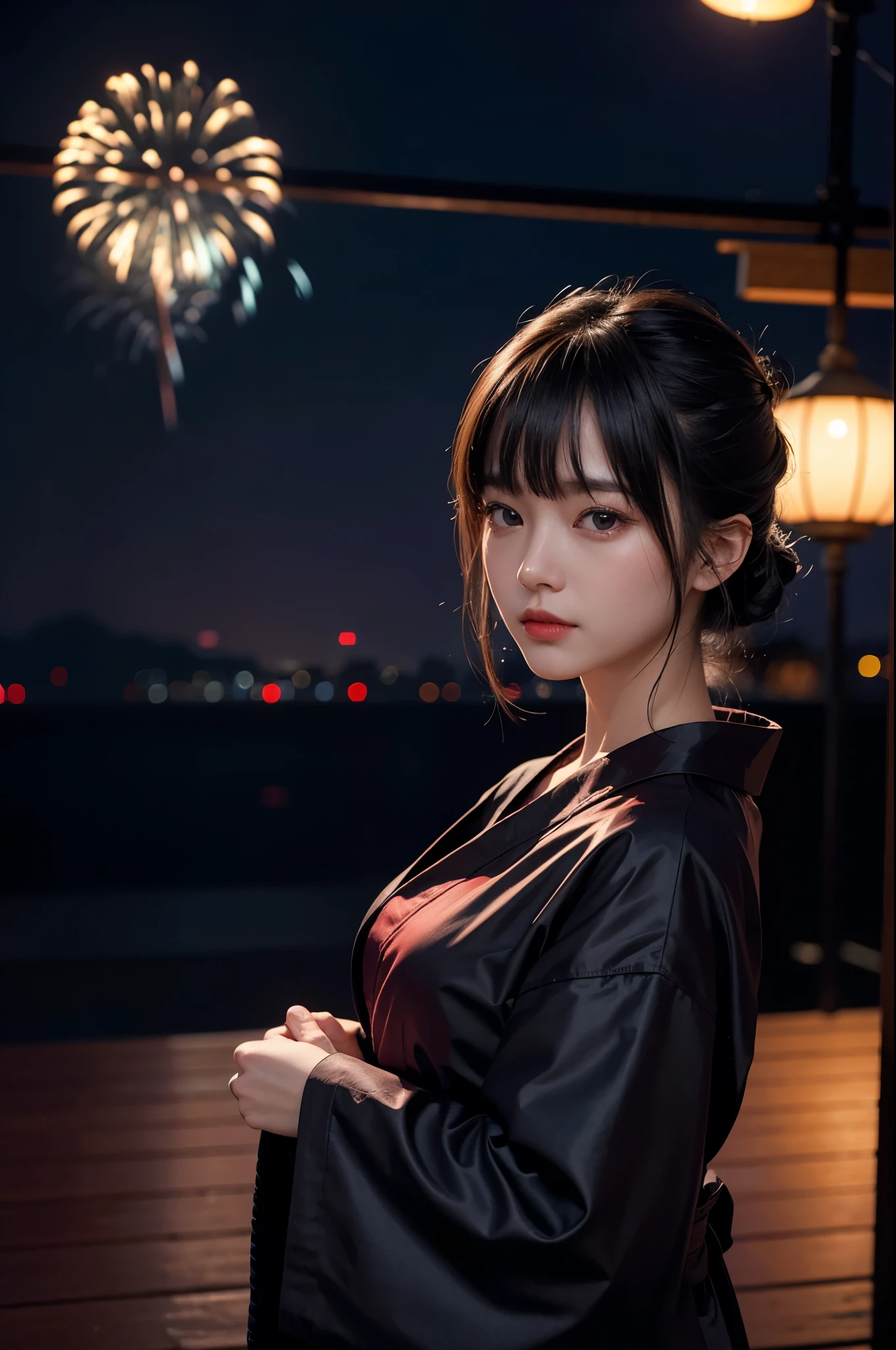 night、Dark atmosphere、firework、A dull red yukata、Cotton kimono、Stylish （night景、night）、night空、bangs、No makeup、（masterpiece、8K,RAW Photos、High resolution:1.4）、The girl&#39;s calm expression is enhanced by her soft look.。 Using the Canon EOS R6 Mark II with the Sigma 50mm f/1.4 DG HSM Art Lens、シーンのあらゆるニュアンスがHigh resolutionでキャプチャされます。