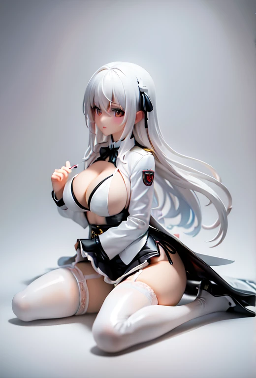 there is a woman in a white shirt and black jacket, thighhighs and skirt, full length and white stockings, white stockings, japanese model, wearing white silk, in white clothes, garter belt, revealing clothes, silky garment, silk stockings, black-white skintight robes!, revealing outfit, young sensual gravure idol, wearing headmistress uniform, in strict suit