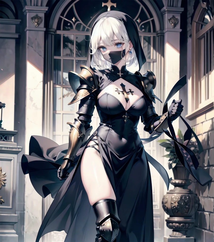 absurdres, RAW photo, extremely delicate and beautiful, masterpiece, Best Quality, ultra high resolution, 32k, hyperrealistic, ultra-detailed, detailed description, pale skin, 20 years old, detailed beautiful face and eyes, tearful mole, earring, very huge round breasts, short medium hair, wavy hair, (full body shot), alone, Mysterious nun, ((combat armor costume)), Weapons with a cross motif,