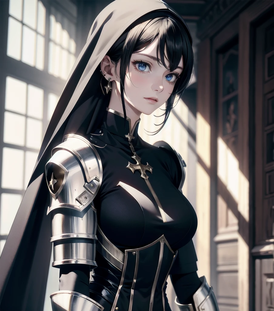 absurdres, RAW photo, extremely delicate and beautiful, masterpiece, Best Quality, ultra high resolution, 32k, hyperrealistic, ultra-detailed, detailed description, pale skin, 20 years old, detailed beautiful face and eyes, tearful mole, earring, very huge round breasts, short medium hair, wavy hair, (full body shot), alone, Mysterious nun, ((combat armor costume)), Weapons with a cross motif,