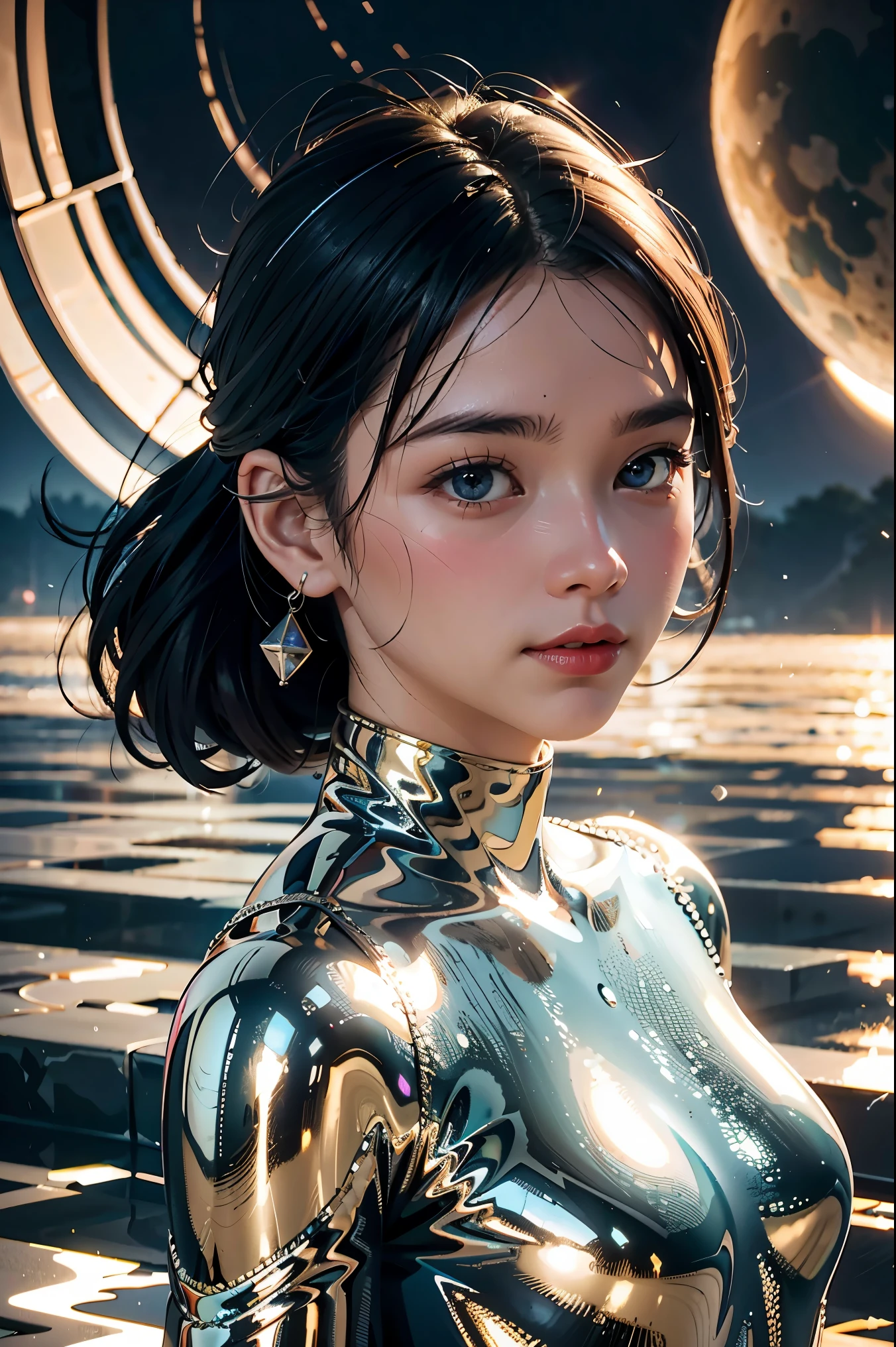 best quality, masterpiece, realistic, 1girl,  metallic dress, messy [updo|hanging] hair, (full body:0.6), solo, (full body:0.6), looking down, detailed background, detailed face, Sc3pt4, sci-fi theme:1.1), mercury-wizard, melancholic, surrounded by waves of iridescent silver, alchemical imagery, reflections, silver-colored fluid, metallic sheen, shiny, dynamic pose, fluid movement, floating particles, droplets of mercury, flowing metal, blending mercury, a foreign planet in the background, dripping mercury formations, volumetric lighting, cinematic atmosphere, sharp details, high detail skin, realistic skin texture, 