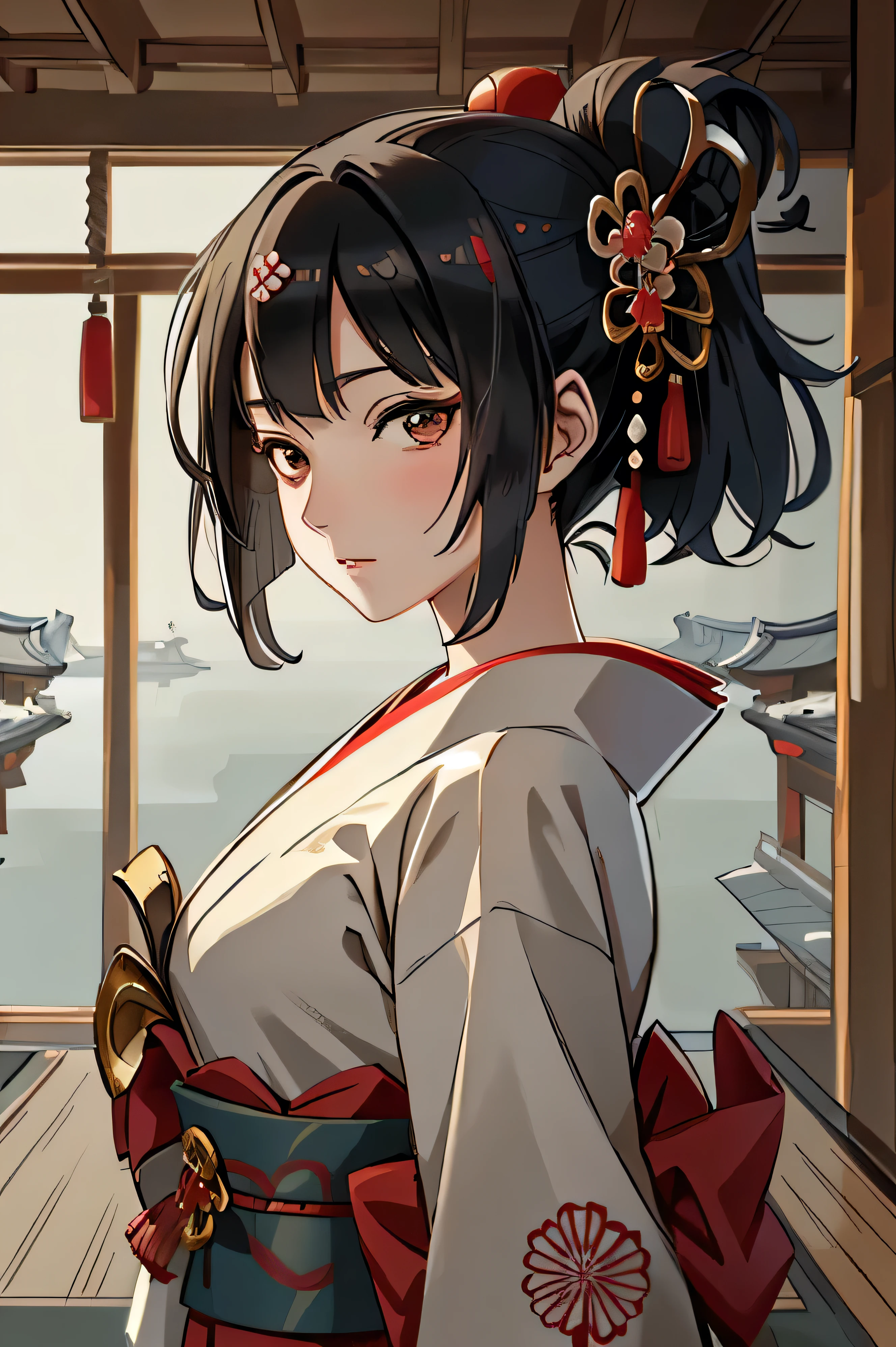 ((1 woman)), Fuji frame , nihongami, hime, Toda-Mariko, Bust Shot , One head, one person, upper body close-up, Ukiyo-e, geisha, Japan, Japanese, kimono, Beautiful woman , Bunkin Takashimada , Edo period, princess, Japanese hairstyle, Nihon-Gami, Nippon-Kami, home, ultra-realistic, photo-like, beautiful Japanese princess Geisha's Reflection on Katana: Sushi Scream, Edo period, princess, Japanese hairstyle, ultra-realistic, photo-like, beautiful Japanese princess