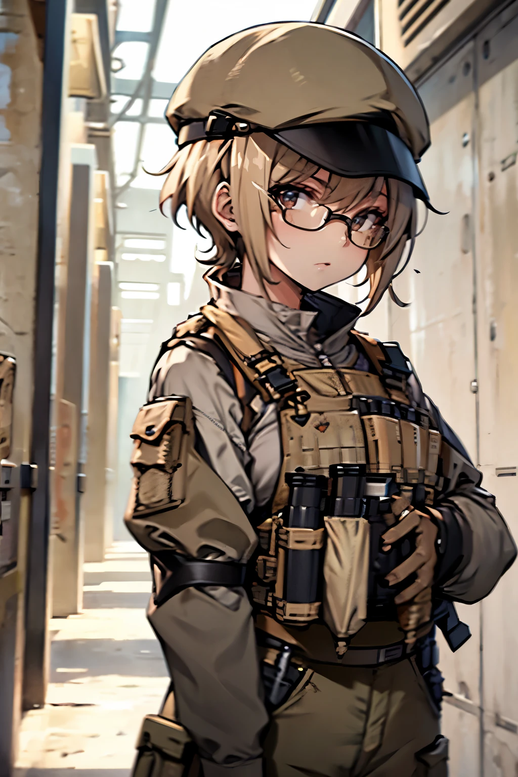 female girl,tactical beige overalls and tactical beige vest and wearing aviators glassess arms in chest no cap and short hair