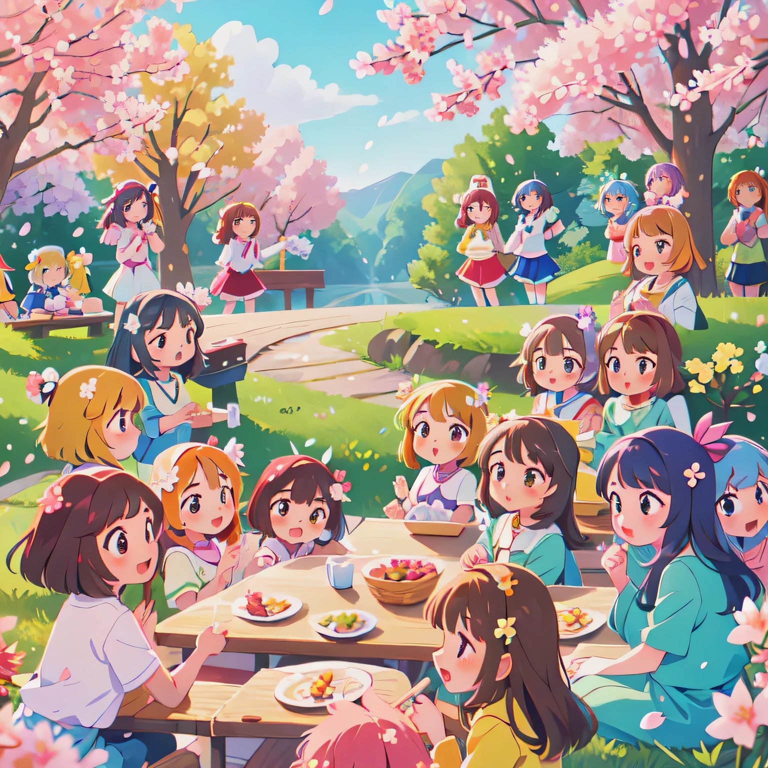 masterpiece, best quality, cute, happy, vibrant, colorful,nature,trail, background forest animals,sitting,multiple girls,(6+girls:1.9),(Hanami),(Cherry blossoms),(looking at the flowers), (cherry petals floating in the air)