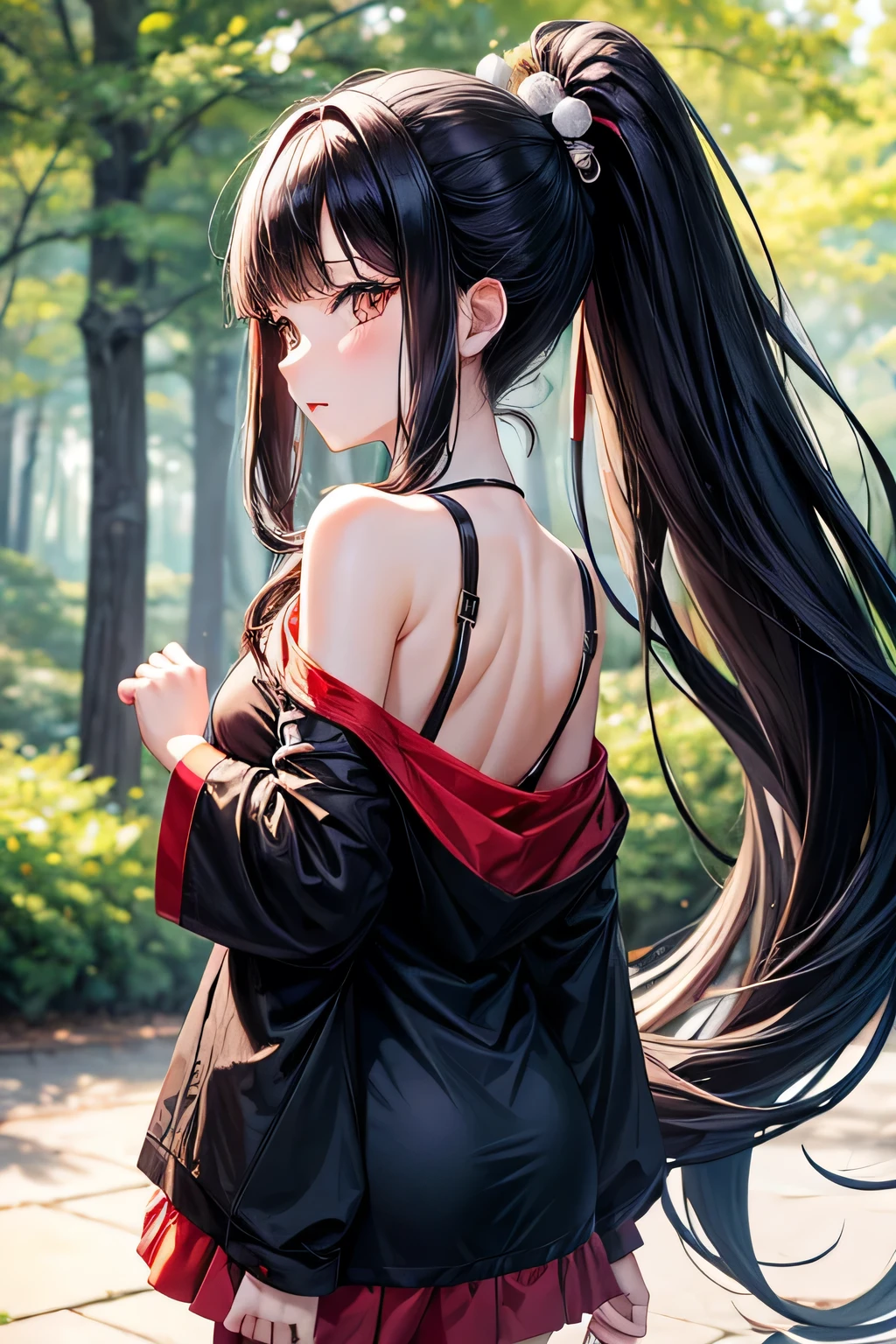 Long black hair　Cute pajamas　Hollow eyes　Yamato Nadeshiko　The background is the forest、Off the shoulder、mini skirt、ponytail、