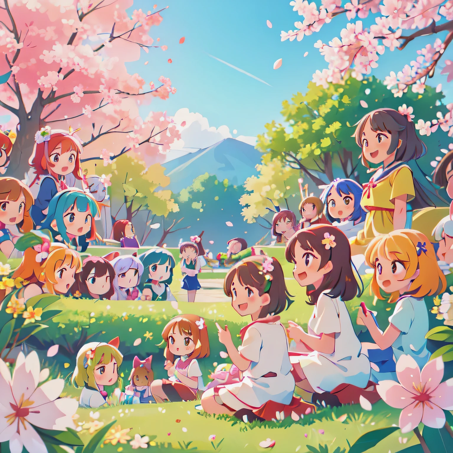 masterpiece, best quality, cute, happy, vibrant, colorful,nature,trail, background forest animals,sitting,multiple girls,(6+girls:1.9),(Hanami),(Cherry blossoms),(looking at the flowers), (cherry petals floating in the air)