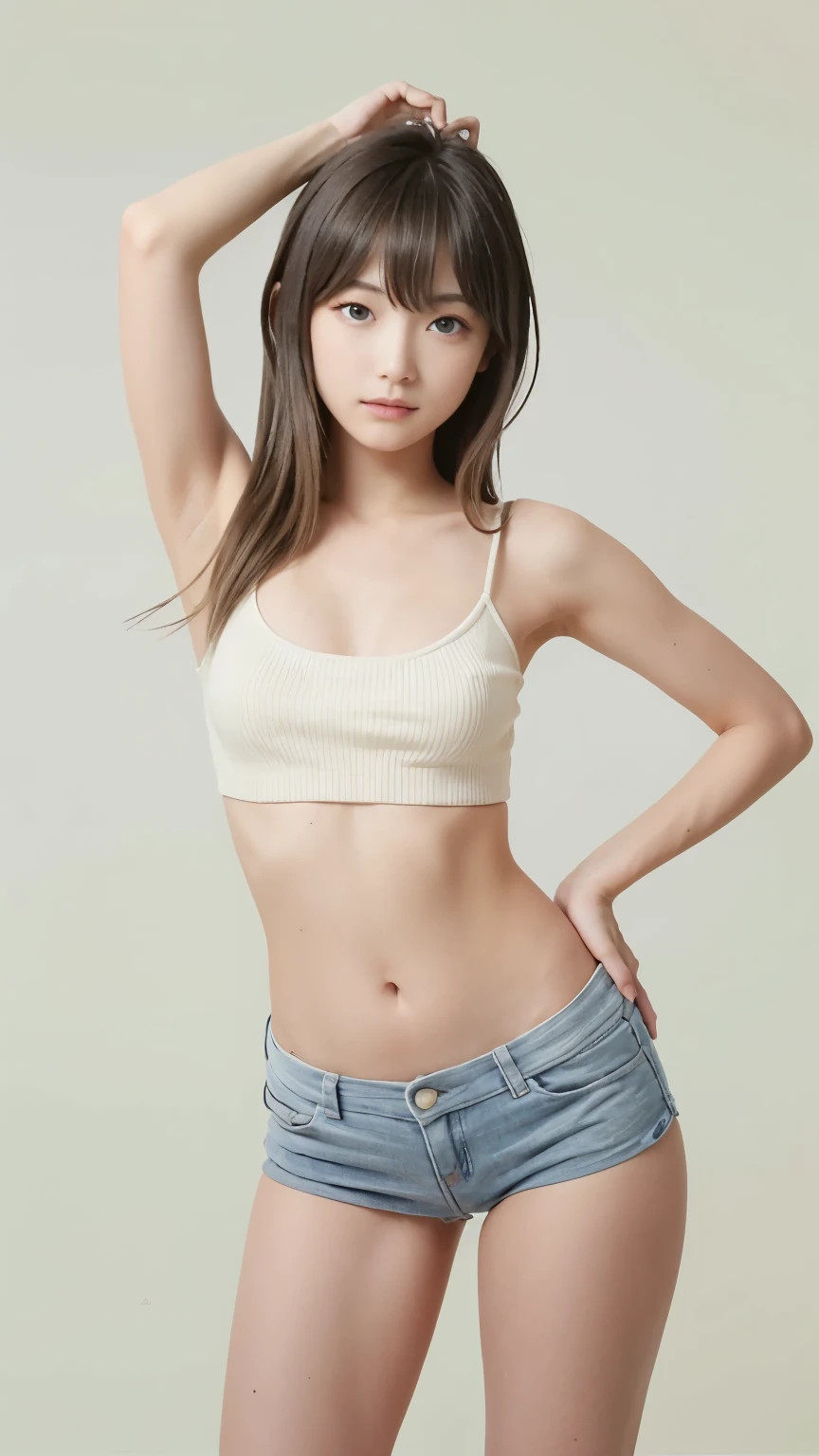 masterpiece,highest quality,1 Girl,delicined face, 前hair, just_arm, just_shoulder, green_eye,((An adult woman with a great figure:1.48))、(Huge valley:1.48)、(18-year-old:1.48)、clavicle, cowboy_shot, crop_superior, High leg, High leg_panties, length_hair, looking for_in_peeping in the viewer, belly button, panties, Realistic, short_Shorts, Shorts,  一人in, Are standing, underwear,