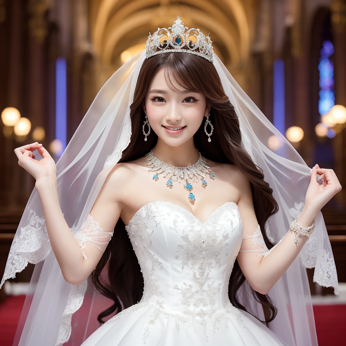 (Tabletop、highest quality、8k、Award-winning works、Ultra-high resolution)、One beautiful bride、(Perfect top-notch huge wedding dress:1.1)、(A gorgeous wedding dress adorned with jewels:1.1)、(The ultimate tiara with huge jewels:1.3)、(Huge Jewelry Top Quality Necklace:1.3)、(Perfect Wedding Lace:1.2)、(Look at me with your best smile:1.2)、(The most luxurious and highest quality giant tiara:1.3)、(The most luxurious and high quality giant jewelry necklace:1.3)、(Please smile widely and show your beautiful teeth.:1.1)、(The bride is before me、Even space at the top, Down, Left and Right.:1.1)、Big Breasts、Cleavage、Accentuate your body lines、(Upper body photo:1.1)、(A sacred and noble church wedding:1.1)、(Very blurry perfect background of the finest luxury church:1.1)、(An elegant and luxurious church:1.1)、Accurate anatomy、Ultra HD Hair、Ultra-high definition beauty face、輝くUltra-high resolutionの美肌、Ultra-high resolutionの艶やかな唇、(Face facing straight ahead:1.1)、(The body faces straight ahead:1.1)、(Beautiful skin that shines white:1.3)、(Stand upright facing straight ahead:1.2)、(Very bright and vivid:1.3)、(Very bright:1.2)、(Strongly blurred background:1.1)