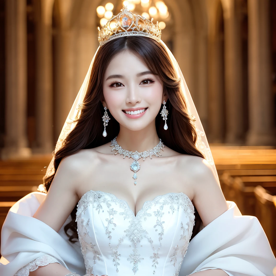 (Tabletop、highest quality、8k、Award-winning works、Ultra-high resolution)、One beautiful bride、(Perfect top-notch huge wedding dress:1.1)、(A gorgeous wedding dress adorned with jewels:1.1)、(The ultimate tiara with huge jewels:1.3)、(Huge Jewelry Top Quality Necklace:1.3)、(Perfect Wedding Lace:1.2)、(Look at me with your best smile:1.2)、(The most luxurious and highest quality giant tiara:1.3)、(The most luxurious and high quality giant jewelry necklace:1.3)、(Please smile widely and show your beautiful teeth.:1.1)、(The bride is before me、Even space at the top, Down, Left and Right.:1.1)、Big Breasts、Cleavage、Accentuate your body lines、(Upper body photo:1.1)、(A sacred and noble church wedding:1.1)、(Very blurry perfect background of the finest luxury church:1.1)、(An elegant and luxurious church:1.1)、Accurate anatomy、Ultra HD Hair、Ultra-high definition beauty face、輝くUltra-high resolutionの美肌、Ultra-high resolutionの艶やかな唇、(Face facing straight ahead:1.1)、(The body faces straight ahead:1.1)、(Beautiful skin that shines white:1.3)、(Stand upright facing straight ahead:1.2)、(Very bright and vivid:1.3)、(Very bright:1.2)、(Strongly blurred background:1.1)