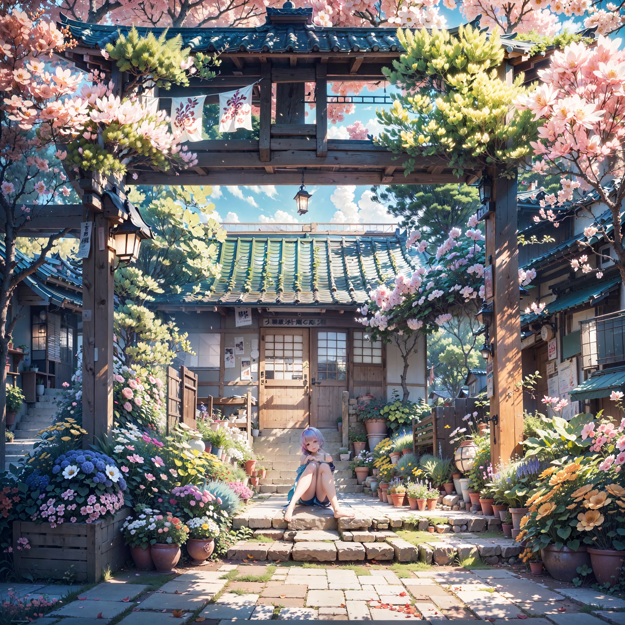 (best quality,4k,highres,masterpiece:1.2),ultra-detailed,realistic,anime style,colorful,soft lighting,small anime  sitting on the step,playful expression,innocent eyes,cute dress with frills,bright pink hair,tiny hands and feet,peaceful garden background,flower petals floating in the air,light breeze rustling through the trees,gentle sunlight casting soft shadows,sparkling eyes reflecting happiness,cheerful atmosphere,subtle blush on the cheeks,playful pose with legs crossed,anime-style background with vibrant colors,fantasy elements subtly incorporated,magical aura surrounding the ,whimsical details in the surrounding nature,delicate and vibrant flowers,subtle gradients in the sky,pastel tones enhancing the dreamy atmosphere,adorable personality shining through the eyes