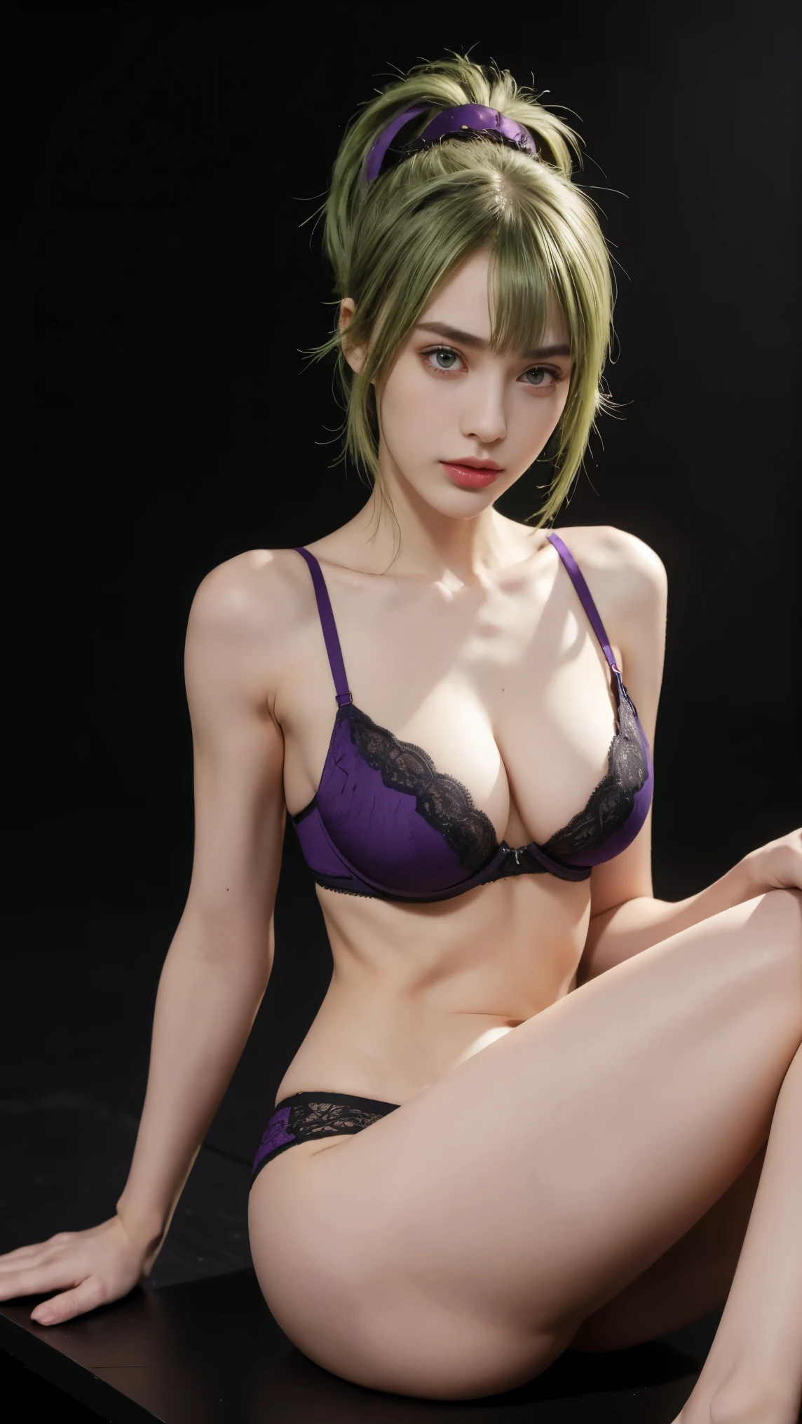 8K, Top Quality, Intricate Details, Ultra Detail, Ultra High Resolution, Masterpiece, close up shot, (full body: 1.1), Slender, Smile, (Makeup: 0.4), (Fluffy purple Eyes: 1.21), (()), 1girl, solo, 1 girl, ((green hair, bangs, high ponytail)), close up shot, , ((tall)), (((fit body))), (((slim face))), sharp face, (()) ,(detailed face), sharp face, small lips, , ,sitting down casually ,
((, , bra, panties)), , ((,)),detailed face, detailed breast, , ((large breast, huge breast )), , Narrow Waist, Skinny, tall , 175 cm tall, Muscular, Navel, Exposed Abdomen, Pointed Chest,, Beautiful girl with accentuated slender abs: 1.4, Six Pack Abs: 1.4, Bust Botox, Big, Perfect Body, detail leg, (( dark background)), black background,