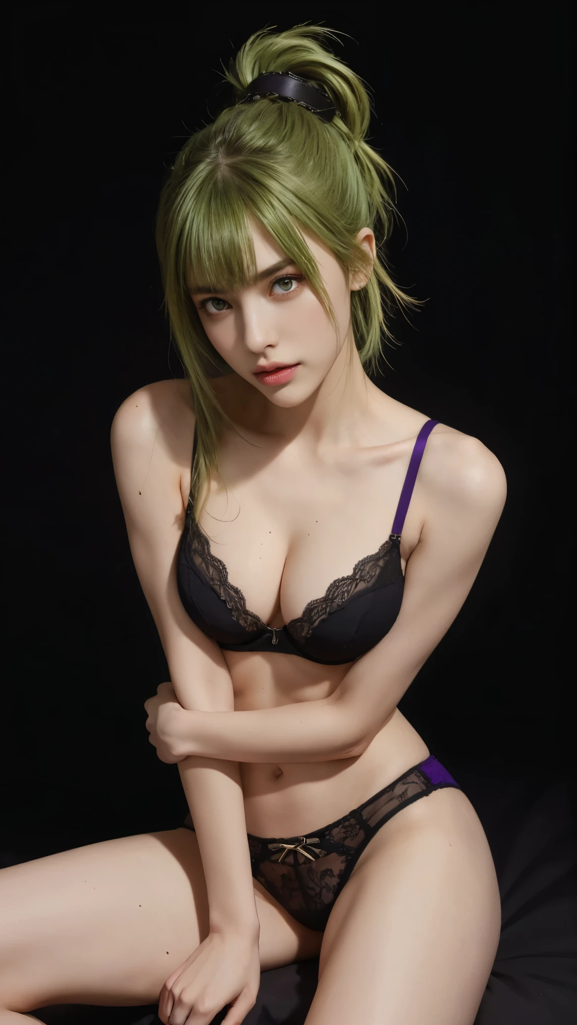 8K, Top Quality, Intricate Details, Ultra Detail, Ultra High Resolution, Masterpiece, close up shot, (full body: 1.1), Slender, Smile, (Makeup: 0.4), (Fluffy purple Eyes: 1.21), (()), 1girl, solo, 1 girl, ((green hair, bangs, high ponytail)), close up shot, , ((tall)), (((fit body))), (((slim face))), sharp face, (()) ,(detailed face), sharp face, small lips, , ,sitting down casually ,
((, , bra, panties)), , ((,)),detailed face, detailed breast, , ((large breast, huge breast )), , Narrow Waist, Skinny, tall , 175 cm tall, Muscular, Navel, Exposed Abdomen, Pointed Chest,, Beautiful girl with accentuated slender abs: 1.4, Six Pack Abs: 1.4, Bust Botox, Big, Perfect Body, detail leg, (( dark background)), black background,