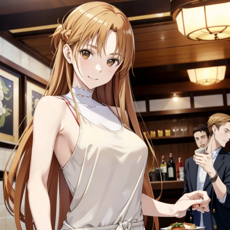 ((highest quality)), ((masterpiece)), (detailed), Perfect Face、Yuuki Asuna、（The woman is a brown-haired Japanese）、（The woman is having fun with the white man at a nice restaurant.）、A white man succeeds in picking up a woman and has a fun meal with her、((The white man is well-built and has a strong body.))、The woman is dressed casually、Man dressed casually、Caucasian man and woman have fun expressions