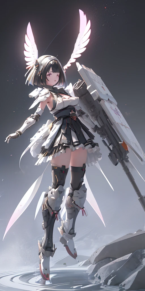 (highest quality)), ((masterpiece)), (Very detailed: 1.3), 3D, {(Japanese young girl)}, Japanese girl wearing gothic lolita outfit with white frills under armor,  wears a futuristic Gundam mecha,(Gundam), With headgear, With V-fin , Armored Shoulders,Armed, Armor under the feet,  Multi-layer texture perfect ratio, Octane Rendering, Duotone Lighting, Low ISO, wide aperture, White balance, Three-part method, Ultra HD 16k, High resolution (High Dynamic Range), Ray Tracing, NVIDIA, Super Resolution, Scattered beneath the surface, PBR Texturing, Post-processing, Anisotropic Filtering, Depth of written boundary, Maximum clarity and sharpness, Highly efficient subpixels, Subpixel Convolution, Particles of light, Scattered Light, Tyndall effect, whole body:1.5, Combat pose, cute, (cute:1.2), (Bobcut:1.3),Braid, Black Hair, Thick eyebrows, Light-colored irises, Big, bright black eyes, Long eyelashes, Small, light-colored, natural lips, (The average face of the Japan idol), (日本人特有のBaby Face:1.3), (), Wide forehead:1.2, Plump Cheeks, Small jaw, Visible side boob, (Has a huge weapon:1.5), In the Hangar,View your viewers,Focus on the eyes 、Firing at ground facilities、Holding a gun with both hands、Camel Toe、Giant tit、Nipple Puffs、Cleavage、Plump、Super big breasts、Super big butt、The shield is up！