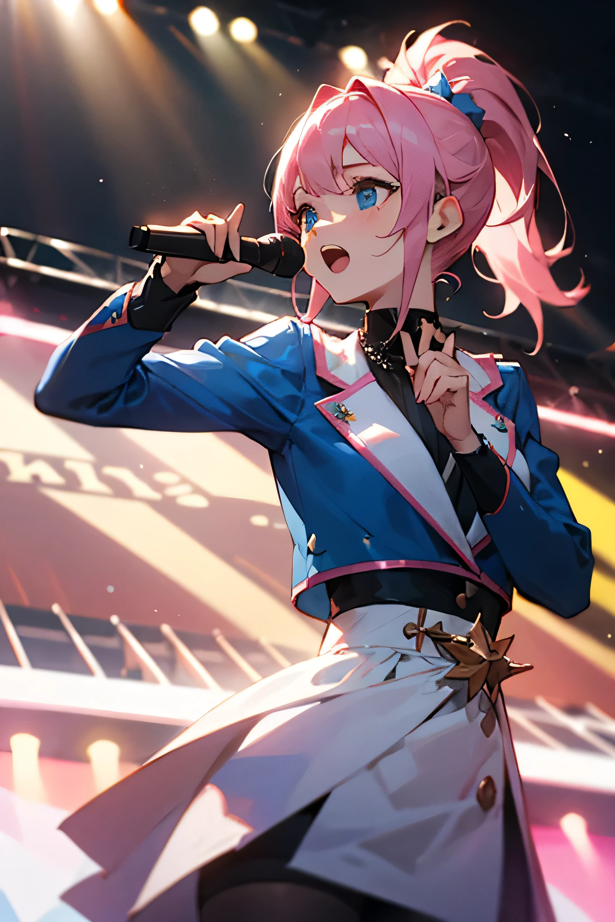 Female, pink hair, pony tail hairstyle, blue eyes, singing on stage, singer, crowd watching, holding microphone, idol outfit