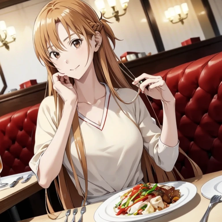 ((highest quality)), ((masterpiece)), (detailed), Perfect Face、Yuuki Asuna、（The woman is a brown-haired Japanese）、（A woman sits across from a white man and enjoys a meal in a nice restaurant.）、A white man succeeds in picking up a woman and has a fun meal with her、((The white man is well-built and has a strong body.))、The woman is dressed casually、Man dressed casually、Caucasian man and woman have fun expressions