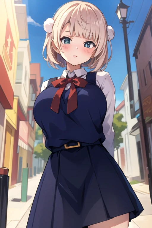 ((((Super Illustration Style:1.0)))),highest quality,Best Anime,masterpiece,Ray Tracing, Global Illumination,,One girl, alone, Are standing,Cowboy Shot, View your viewers, Outdoor,Put your arms behind your back, Huge breasts、Round Breasts、One-piece navy blue uniform、White shirt、Red ribbon