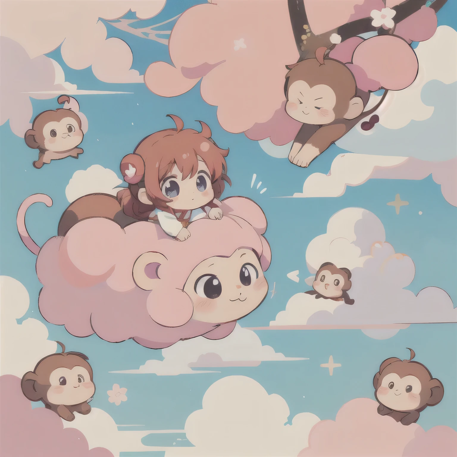 Momoko Sakura style, Kawaii Design, Chibi, (((on the Clouds))), monkeys, monkey Forest