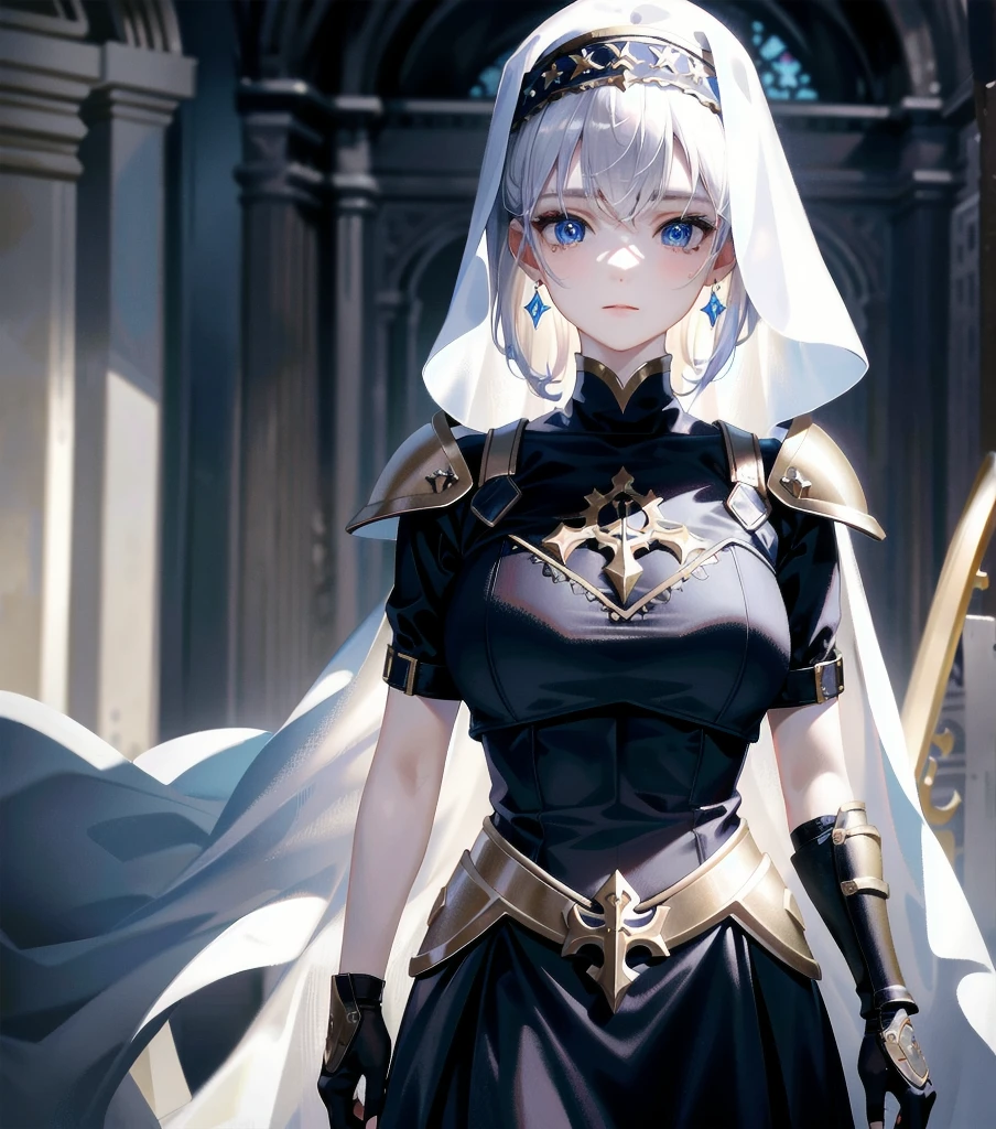 absurdres, RAW photo, extremely delicate and beautiful, masterpiece, Best Quality, ultra high resolution, 32k, hyperrealistic, ultra-detailed, detailed description, pale skin, 20 years old, detailed beautiful face and eyes, tearful mole, earring, very huge round breasts, short medium hair, wavy hair, (full body shot), alone, Mysterious nun, ((combat armor costume)), Weapons with a cross motif,