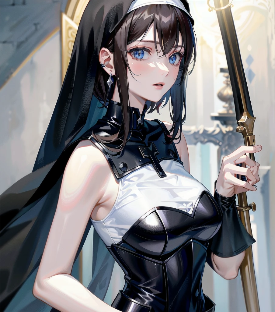 absurdres, RAW photo, extremely delicate and beautiful, masterpiece, Best Quality, ultra high resolution, 32k, hyperrealistic, ultra-detailed, detailed description, pale skin, 20 years old, detailed beautiful face and eyes, tearful mole, earring, very huge round breasts, short medium hair, wavy hair, (full body shot), alone, Mysterious nun, ((combat armor costume)), Weapons with a cross motif,