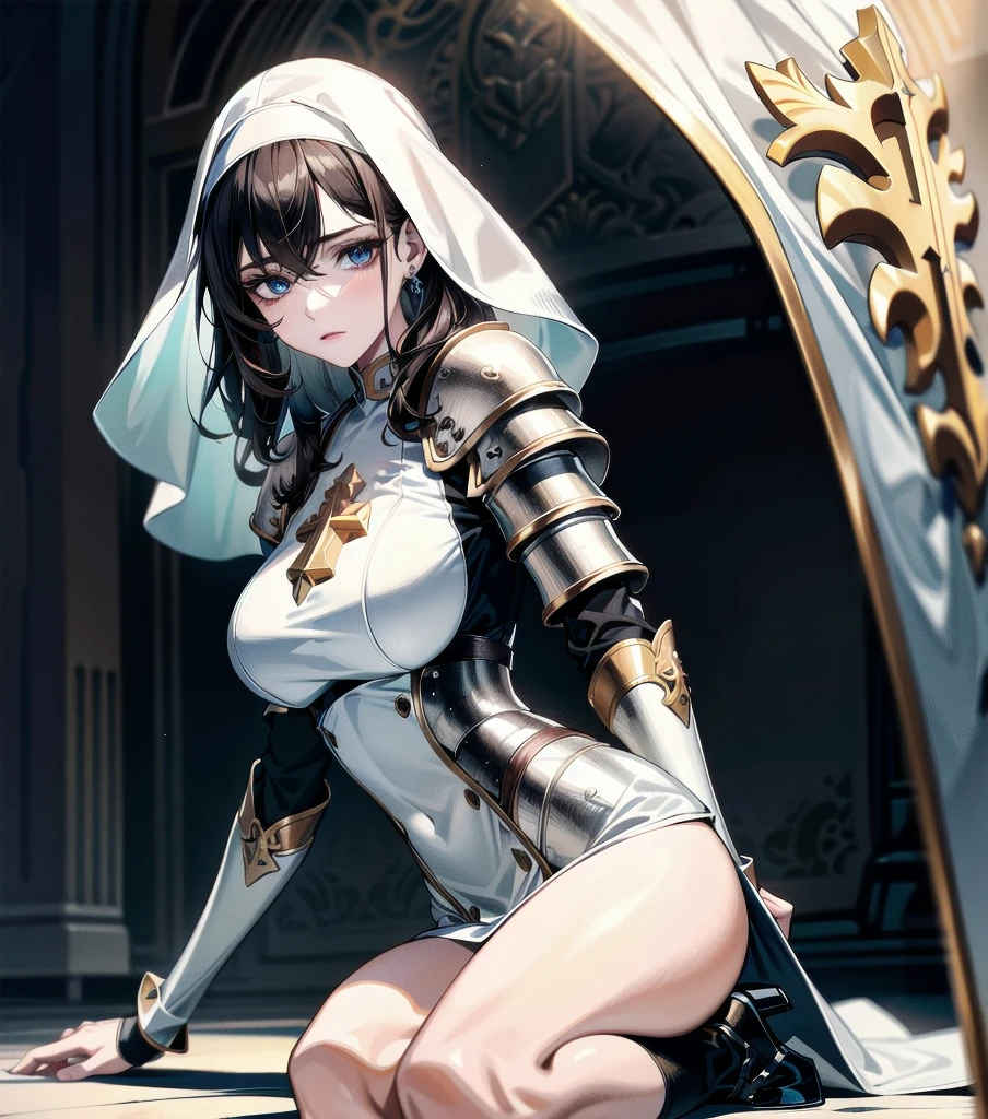 absurdres, RAW photo, extremely delicate and beautiful, masterpiece, Best Quality, ultra high resolution, 32k, hyperrealistic, ultra-detailed, detailed description, pale skin, 20 years old, detailed beautiful face and eyes, tearful mole, earring, very huge round breasts, short medium hair, wavy hair, (full body shot), alone, Mysterious nun, ((combat armor costume)), Weapons with a cross motif,