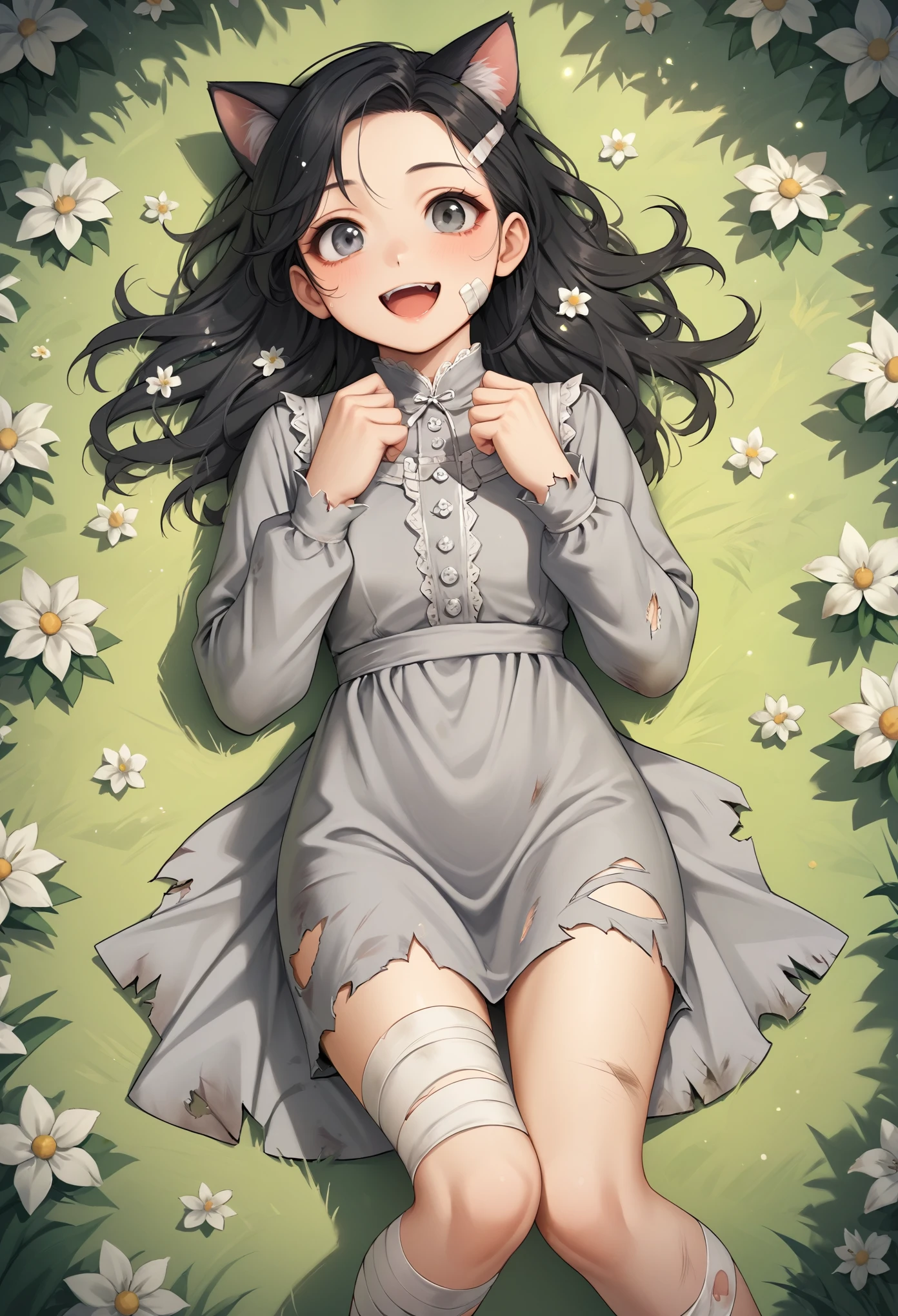 BREAK score_9, score_8_up, score_7_up, score_6_up, 1girl, solo, grey eyes, black hair,standing,cat ears, grey dress,long sleeves, bandages,torn clothes,hair ornament, bandaged leg, on back,lying, happy,open mouth, happy tears, Mature wheat field,Yellow Theme, masterpiece, best quality, very aesthetic, absurdres,