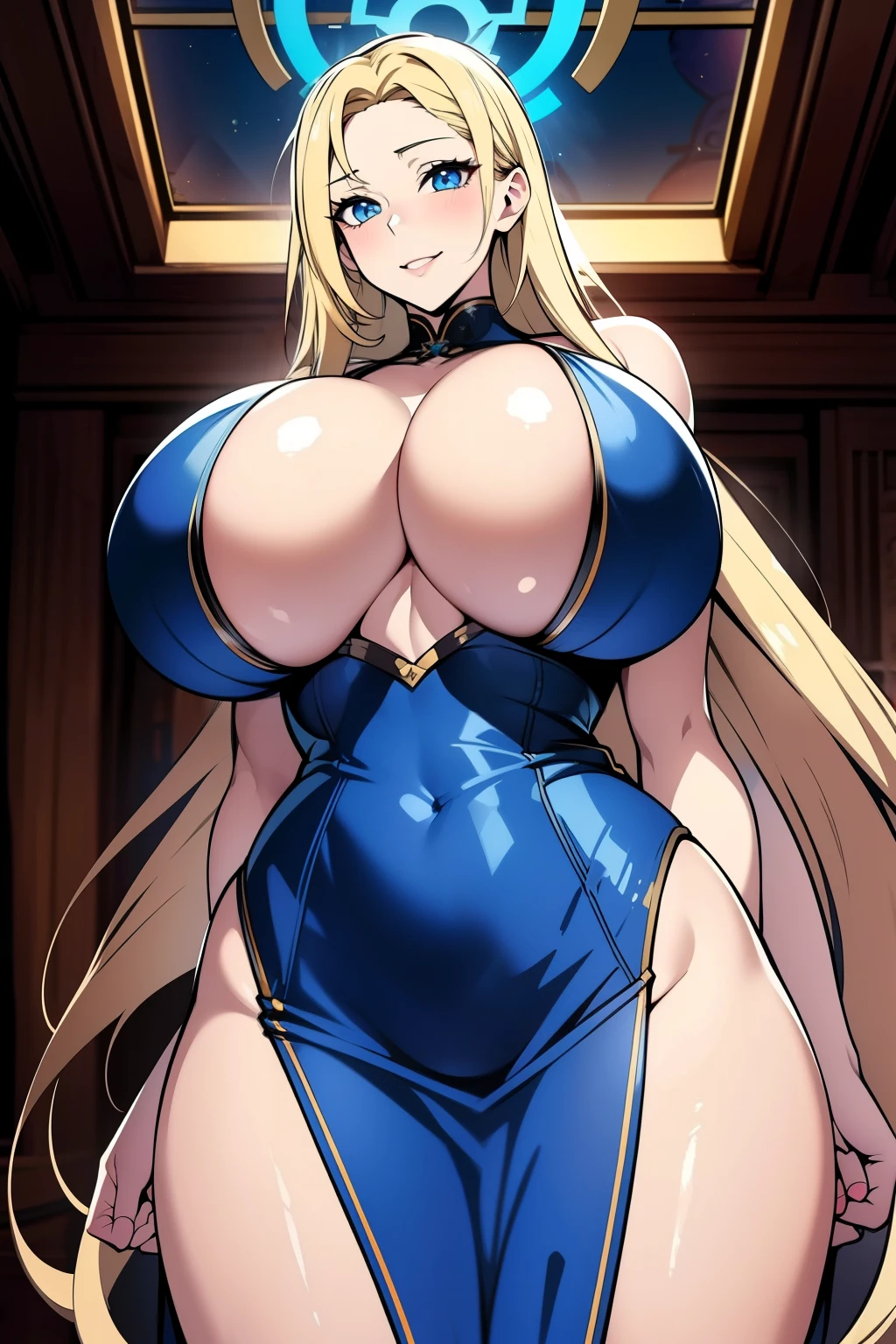 An anime-style artwork depicting asuna ichinose from the game blue archive
Tags: asuna_bluearchive, anime, detailed eyes, detailed lips, ass, (light blonde hair), blue eyes, bare shoulders, (chinese dress : 1.1), miniskirt, turtleneck,curvy, thighs, higheels, shiny clothes, cleavage, skin tight, long hair, solo, huge breasts, smiling expression, intense gaze, dynamic pose, indoor, palace, vibrant colors, digital art, high-resolution, professional quality, gigantic breasts, (underboob : 1.4), curvy, cowboy shot, (gigantic breasts: 1.4)